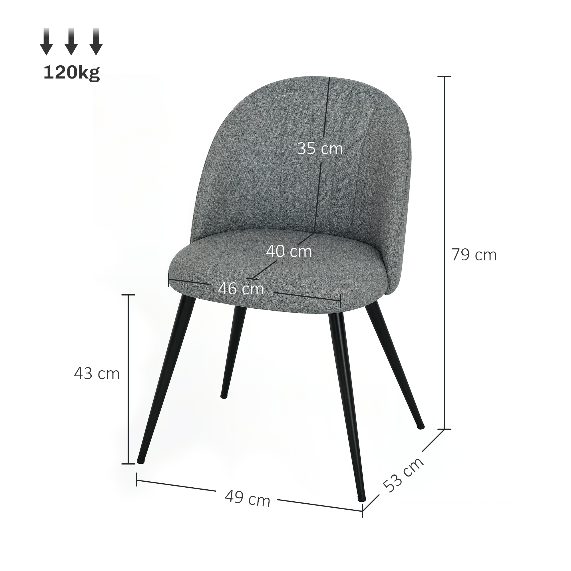 HOMCOM Dining Chairs Set of 2, Modern Upholstered Kitchen Chairs with Metal Legs, Shell Backrest and Padded Seat for Dining Room, Bedroom, Living Room, Vanity, Grey 3