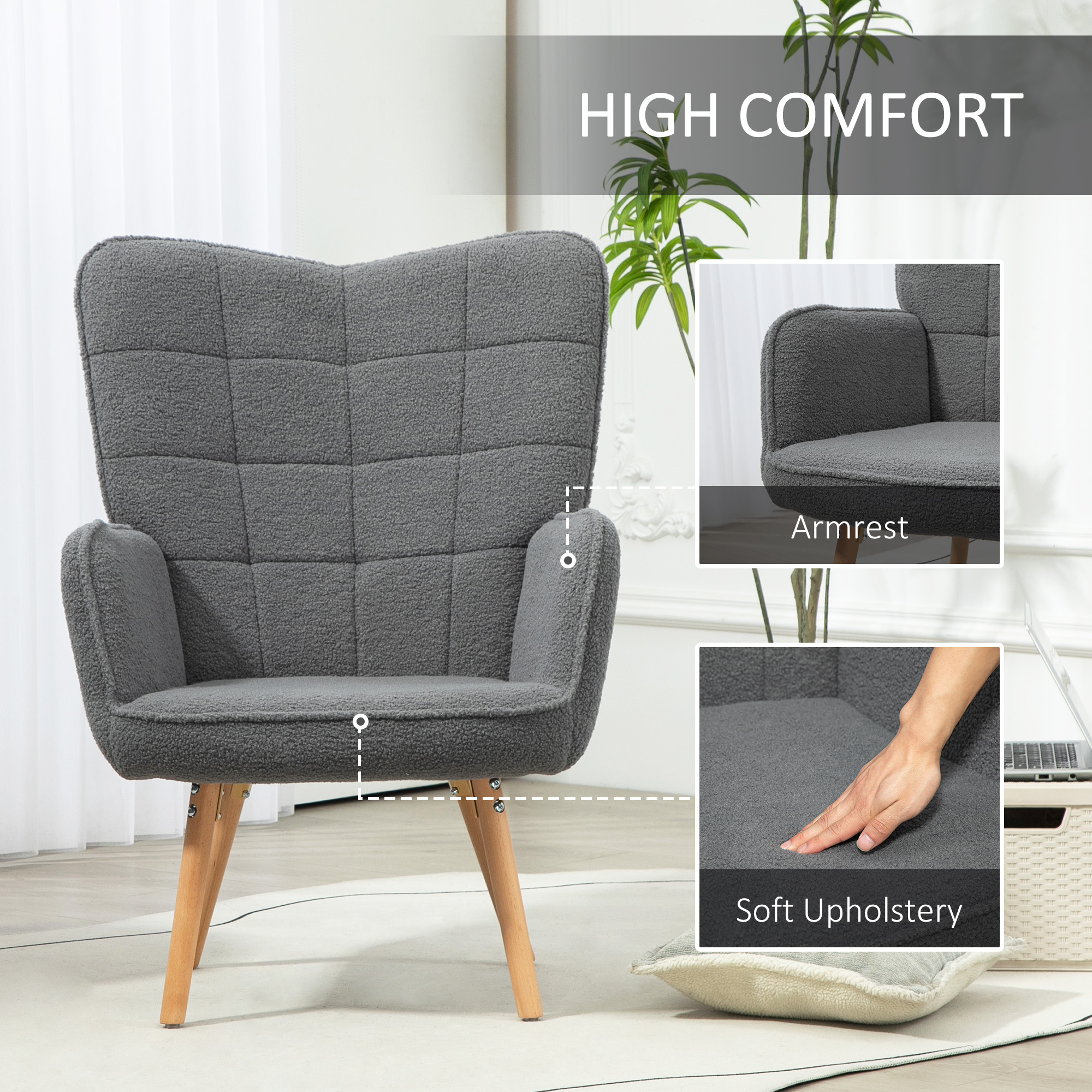 HOMCOM Teddy Fleece Wingback Accent Chair Grey 4