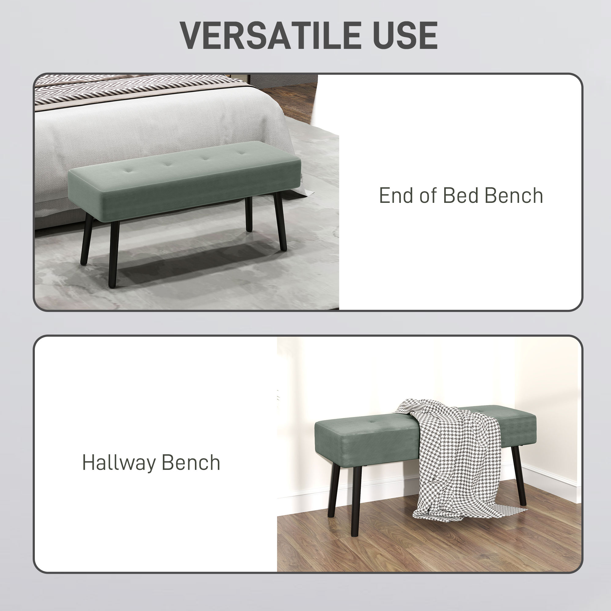 HOMCOM End of Bed Bench, Corduroy Bedroom Bench with Thick Padding and Steel Legs, Tufted Window Seat for Entryway, Living Room, Green 6