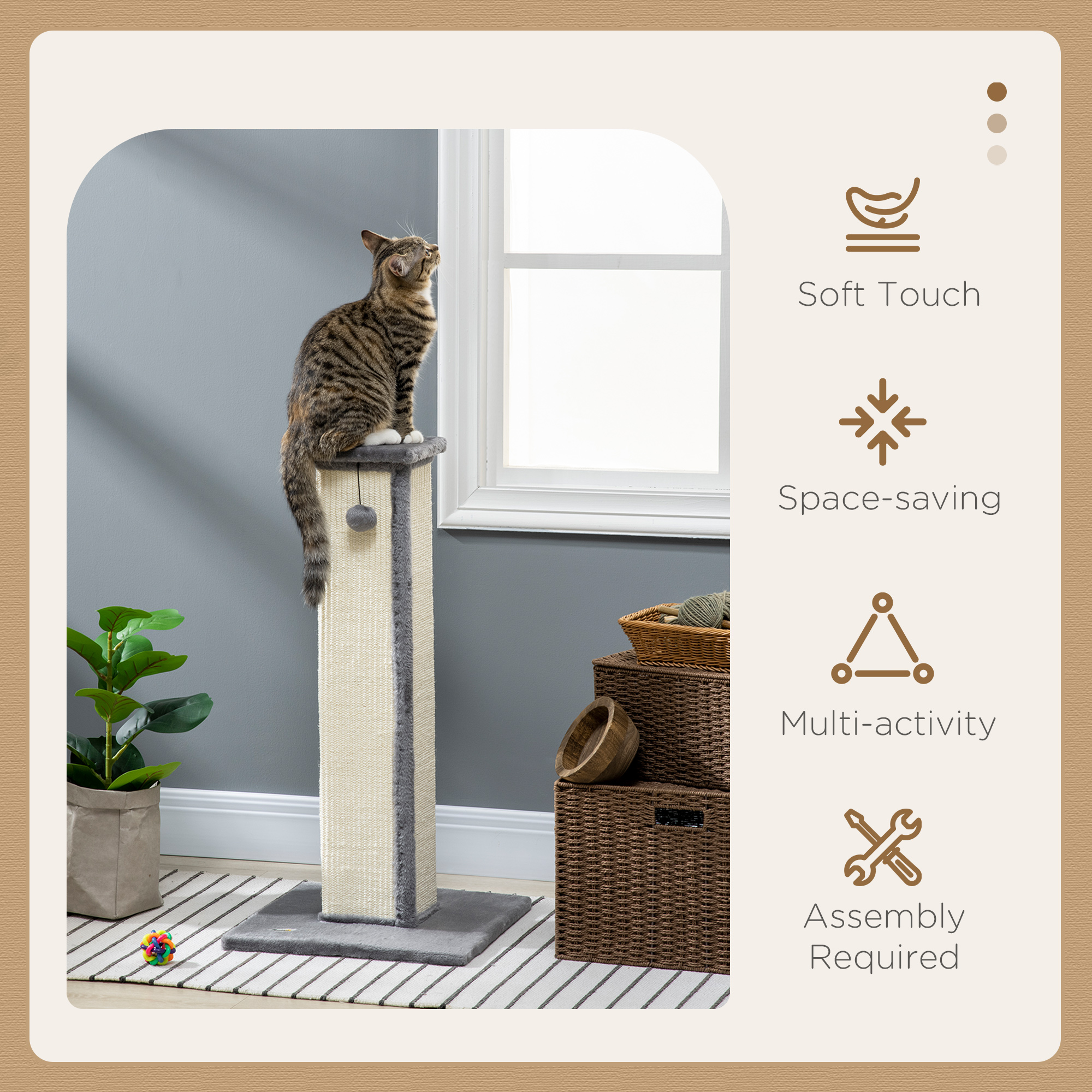 PawHut 81cm Cat Scratcher, Vertical Full Scratcher w/ Natural Sisal Rope, Hanging Ball, Soft Plush Grey 4