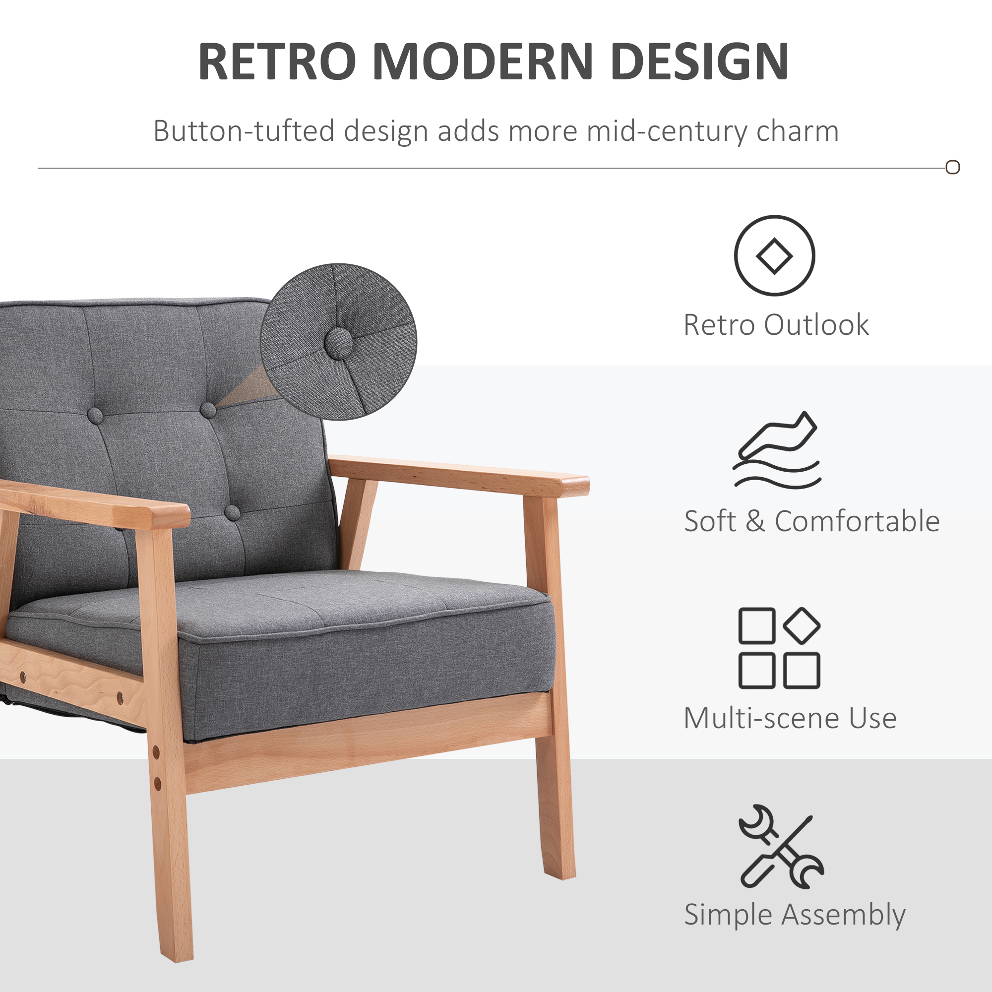 HOMCOM Minimalistic Wooden Frame Accent Chair, with Padded Seat Dark Grey 4
