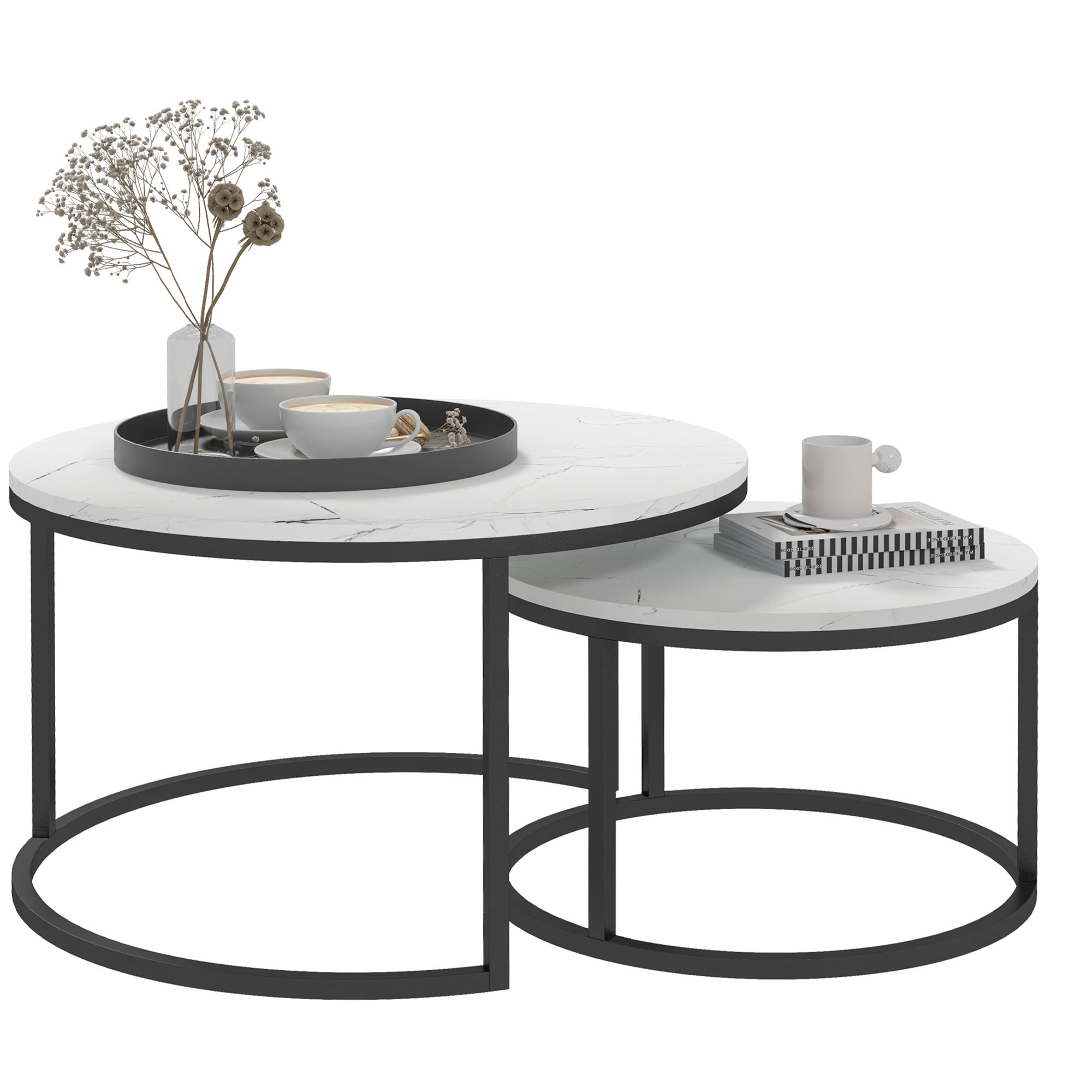Product photograph of Homcom Industrial Nesting Coffee Table Set Of 2 Round Coffee Tables Living Room Table With Faux Marbled Top And Steel Frame from Aosom UK