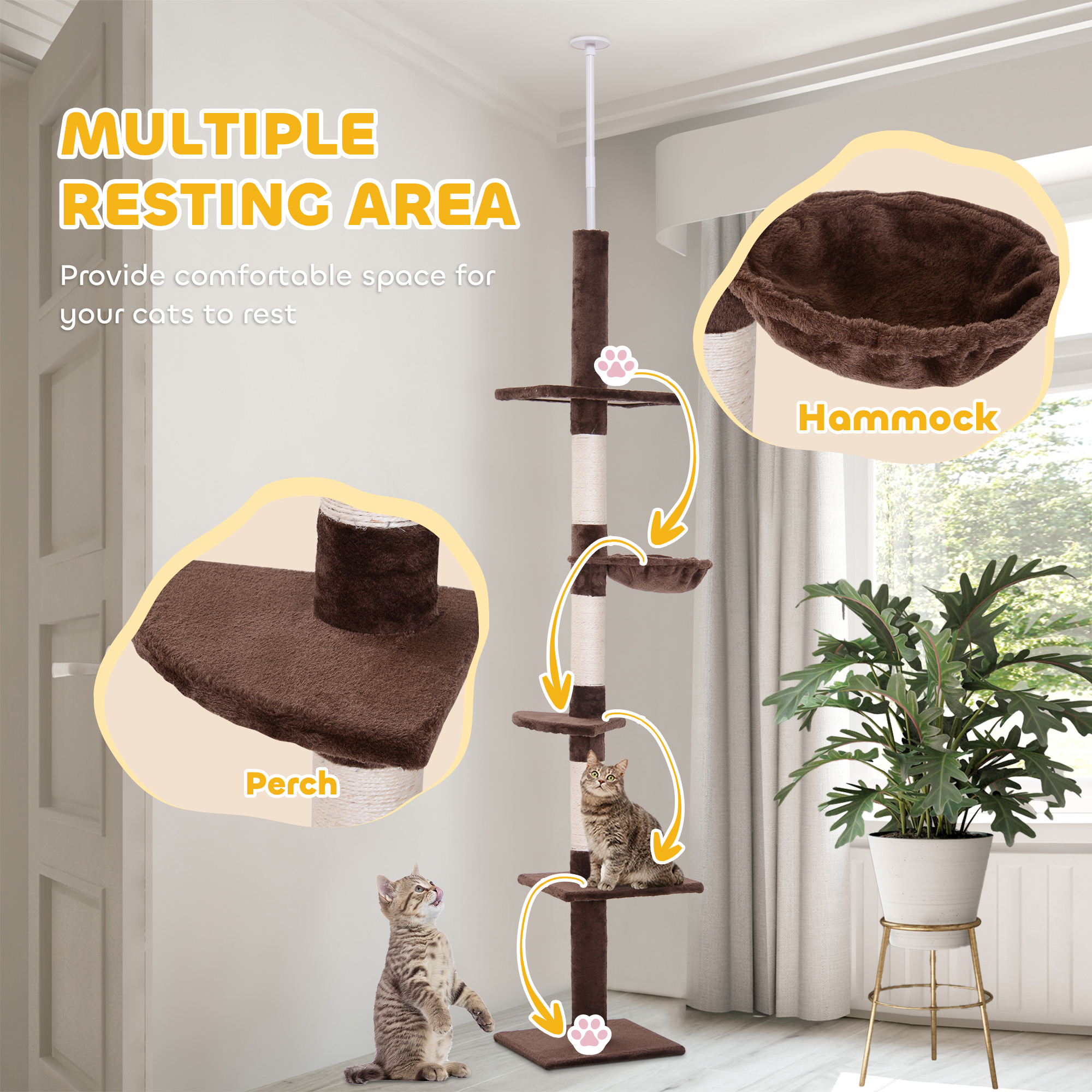 PawHut Floor to Ceiling Cat Tree Height Adjustable 230-260cm, 5-Tier Cat Tower with Scratching Post, Hammock, Perches, Climbing Activity Centre for Indoor Kittens, Brown 5