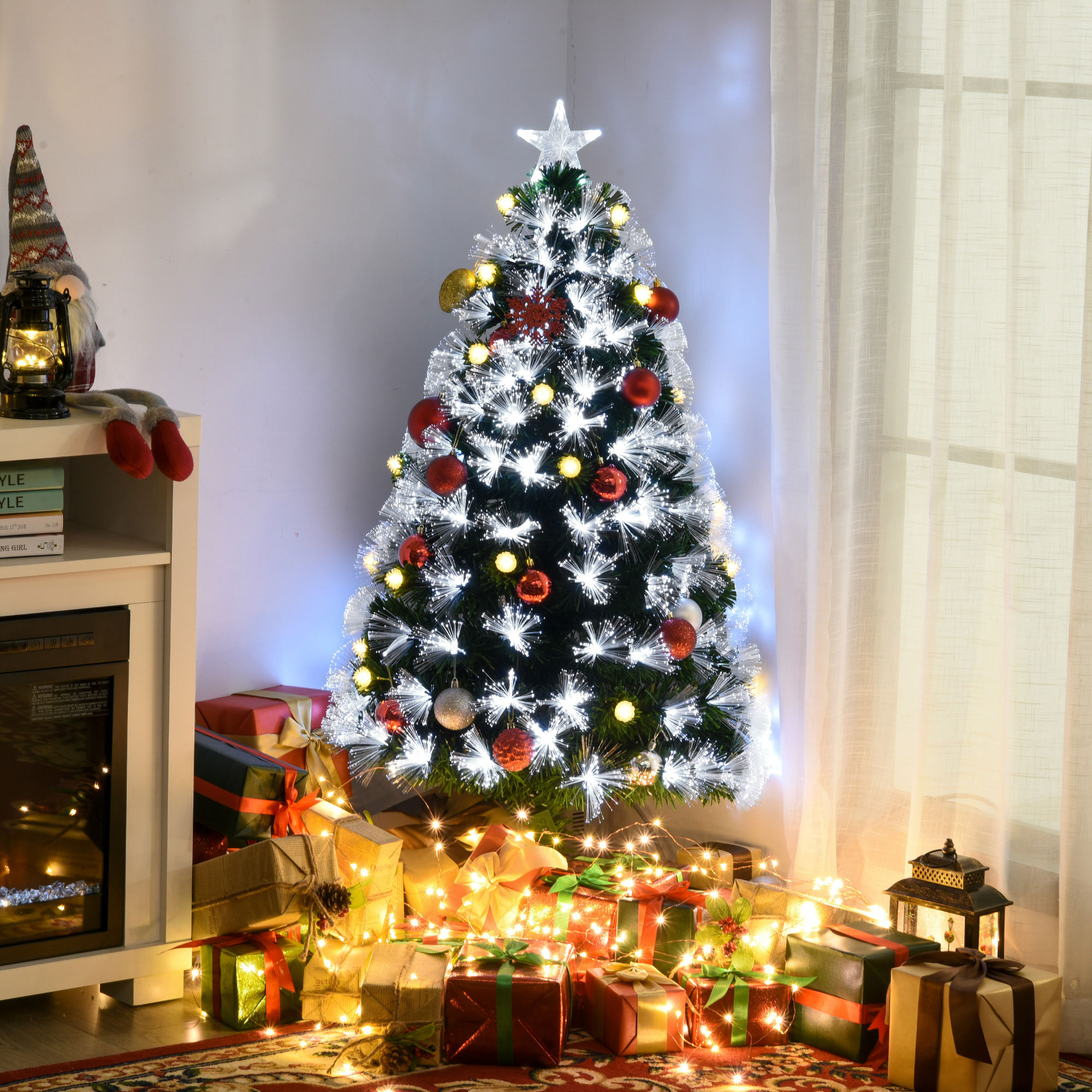 HOMCOM 4ft White Light Artificial Christmas Tree w/ 130 LEDs Star Topper Tri-Base Full Bodied Seasonal Decoration Pre-Lit Home 2
