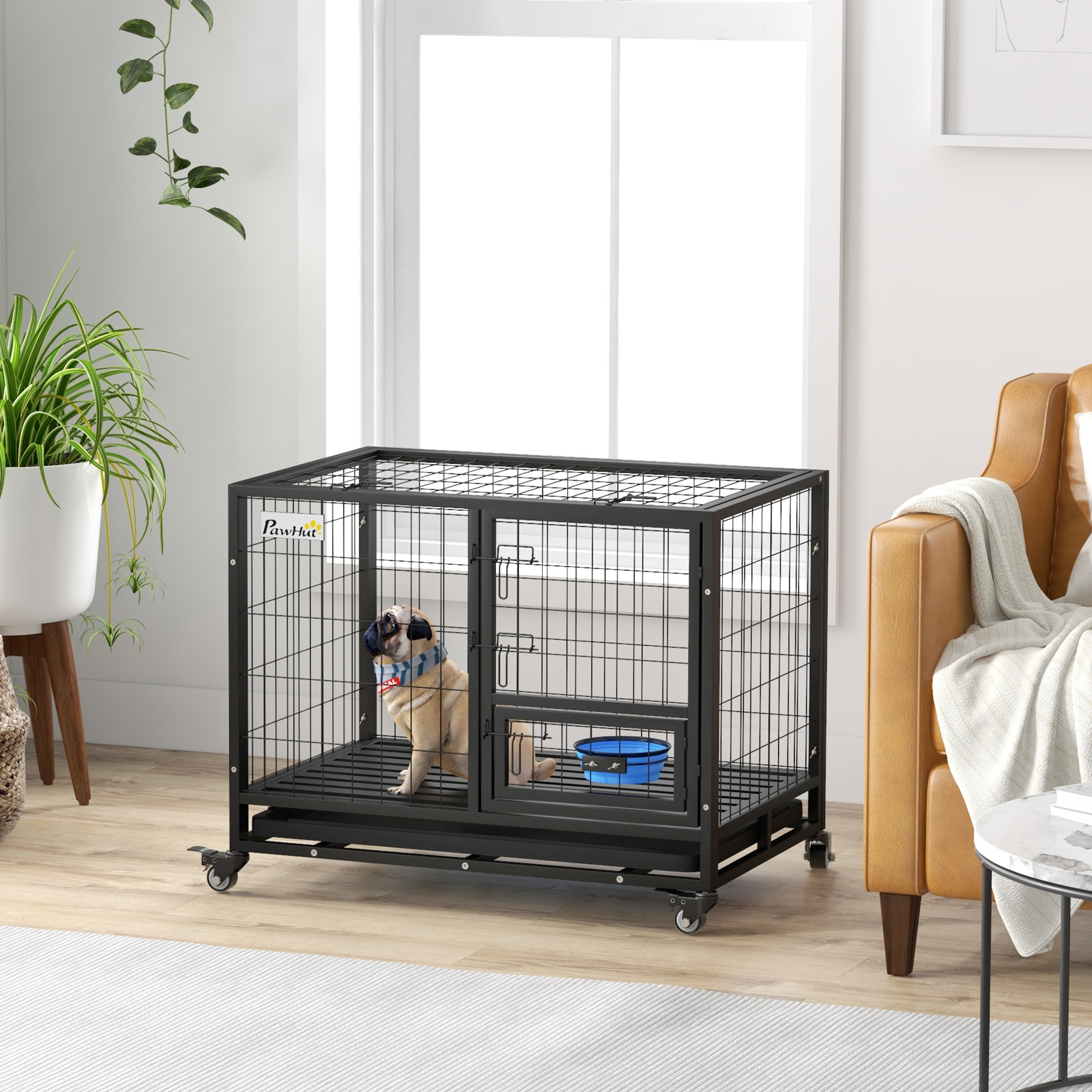 PawHut Heavy Duty Dog Crate on Wheels w/ Bowl Holder, Removable Tray, Openable Top, Detachable Door, for M, L Dogs 2