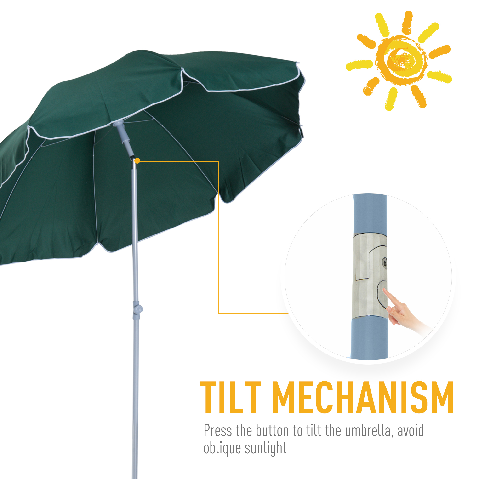 Outsunny 2.2m Beach Umbrella, Portable Parasol with Tilting Function, Outdoor Sunshade Shelter with 8 Ribs, Green 4