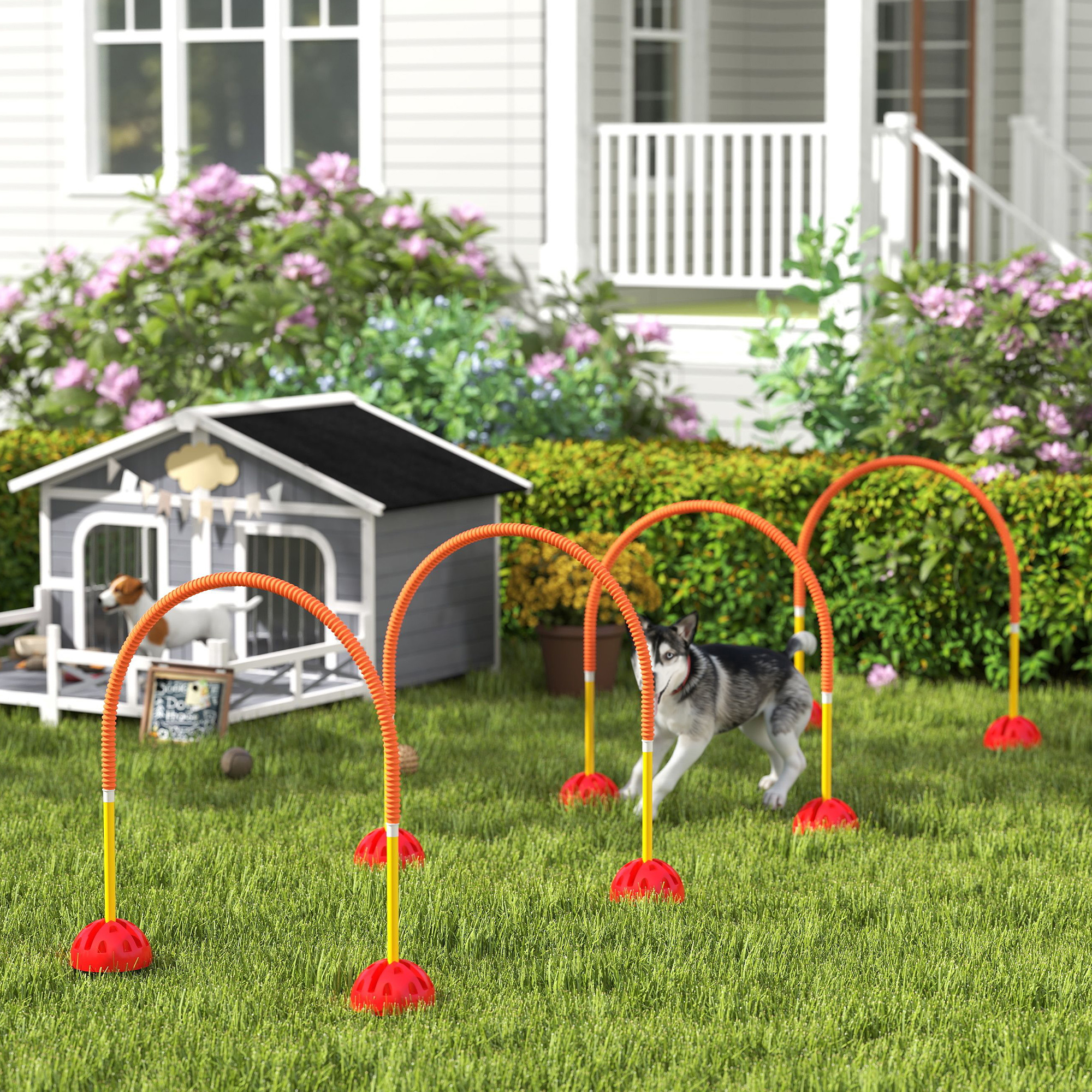 PawHut Seven-Piece Dog Agility Equipment Set with Weave Poles, Jump Ring, Hurdle, Pause Box, Carry Bag, Orange