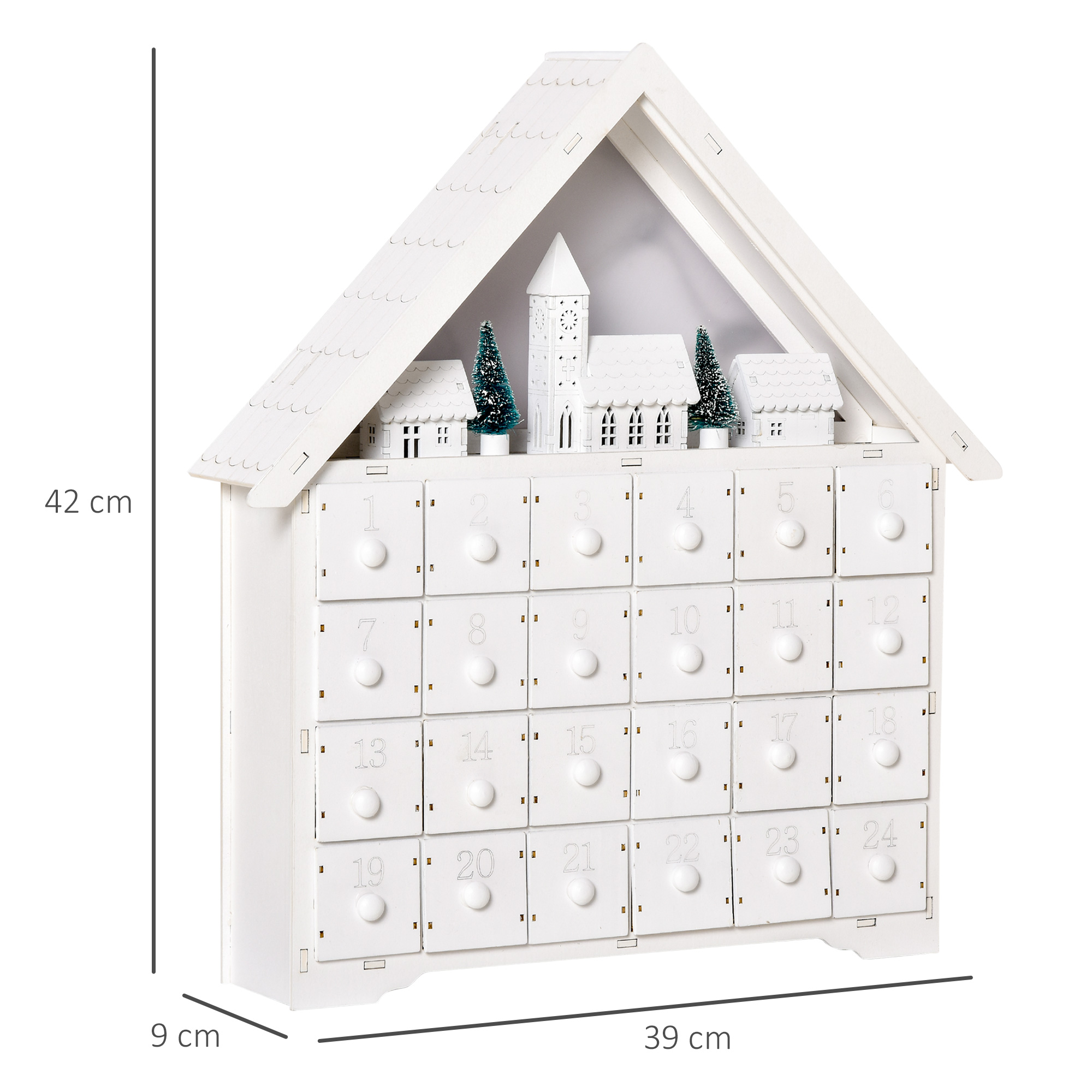 Advendikalender jõulukaunistus, 24 sahtliga, LED-tuled, 39 cm x 9 cm x 42 cm, valge + roheline