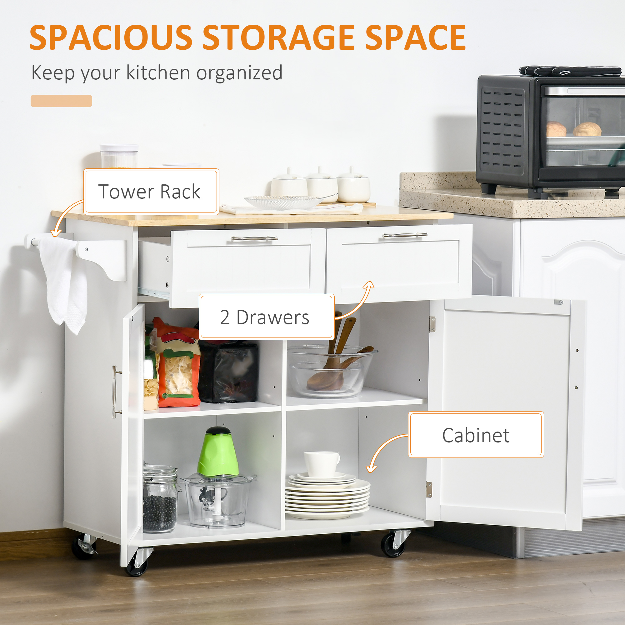 HOMCOM Kitchen Island Utility Cart, with 2 Storage Drawers & Cabinets for Dining Room, White 4