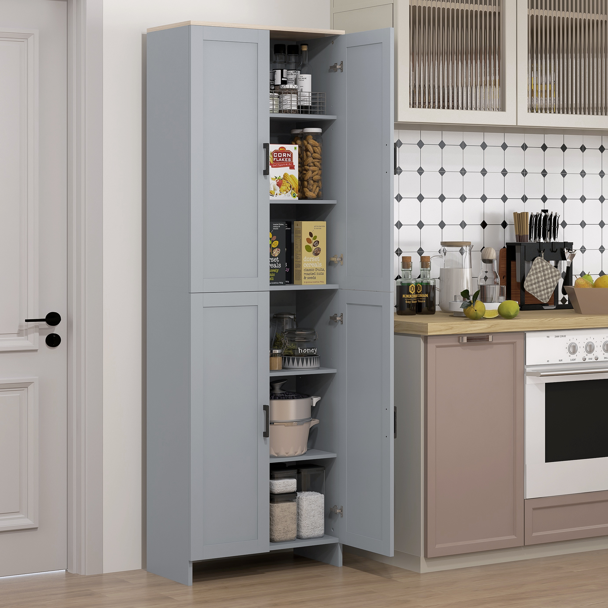 HOMCOM Freestanding Kitchen Cupboard, 4-Door Storage Cabinet with Adjustable Shelves, Modern Kitchen Pantry for Dining Room, 170cm, Grey 2