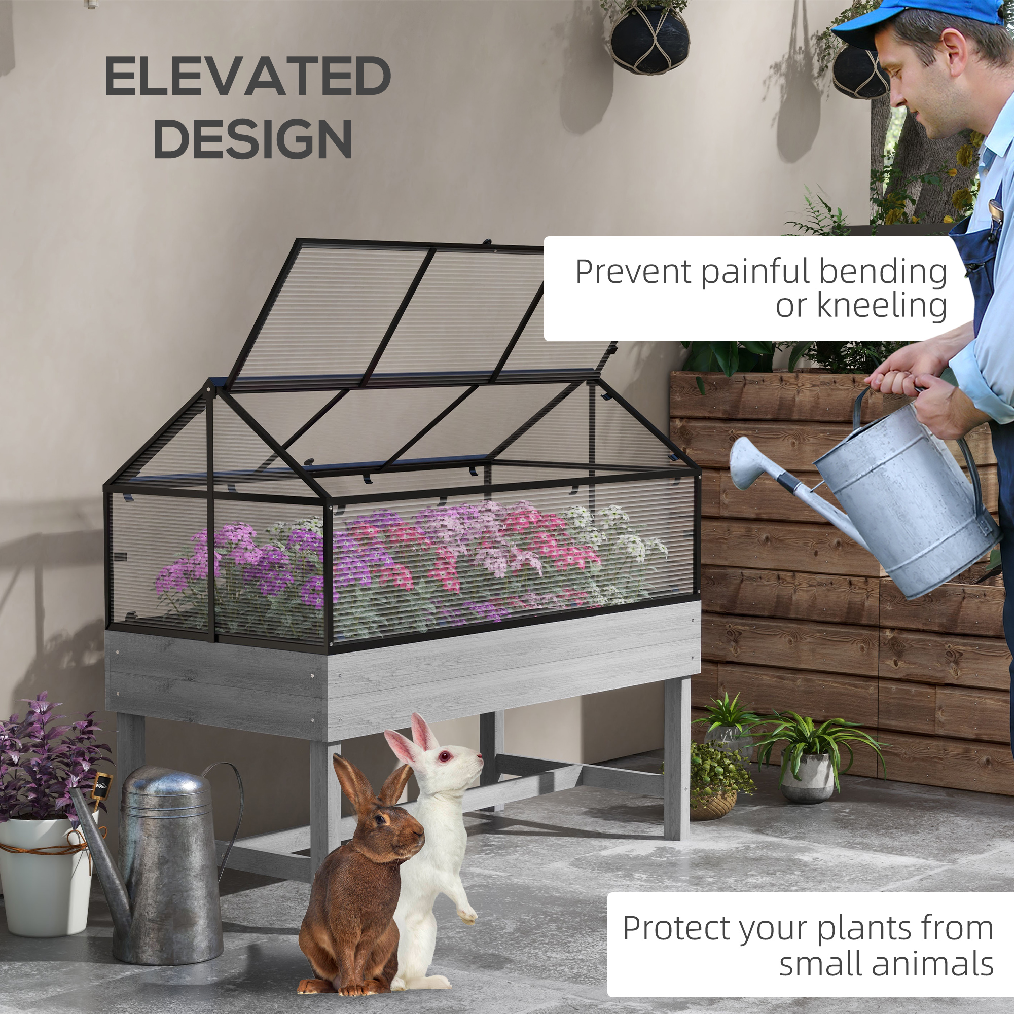 Outsunny 60 x 120cm Raised Garden Bed with Wooden Base Grey 6