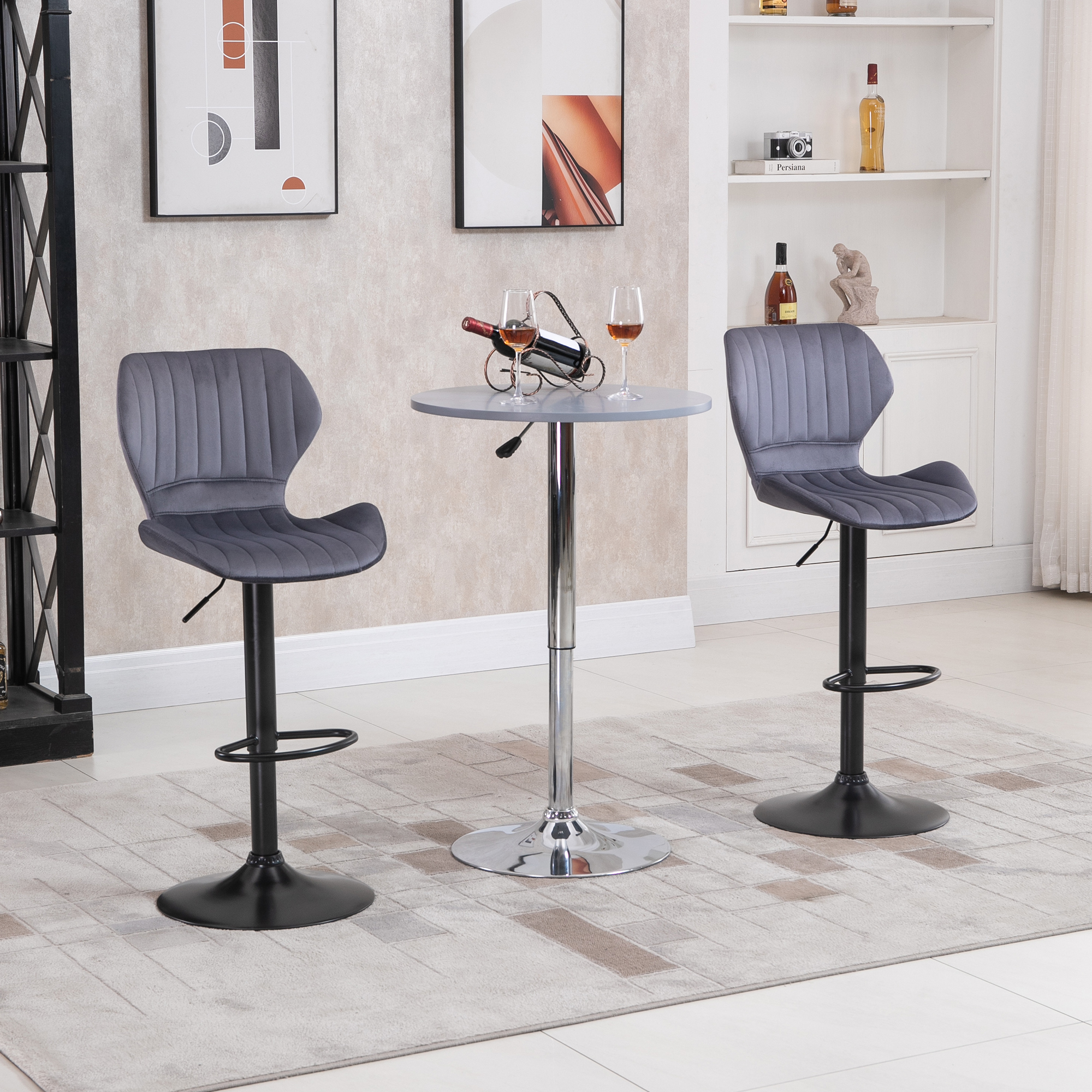 HOMCOM Bar Stool Set of 2 Velvet-Touch Fabric Adjustable Height Swivel Counter Chairs with Footrest, Grey 2