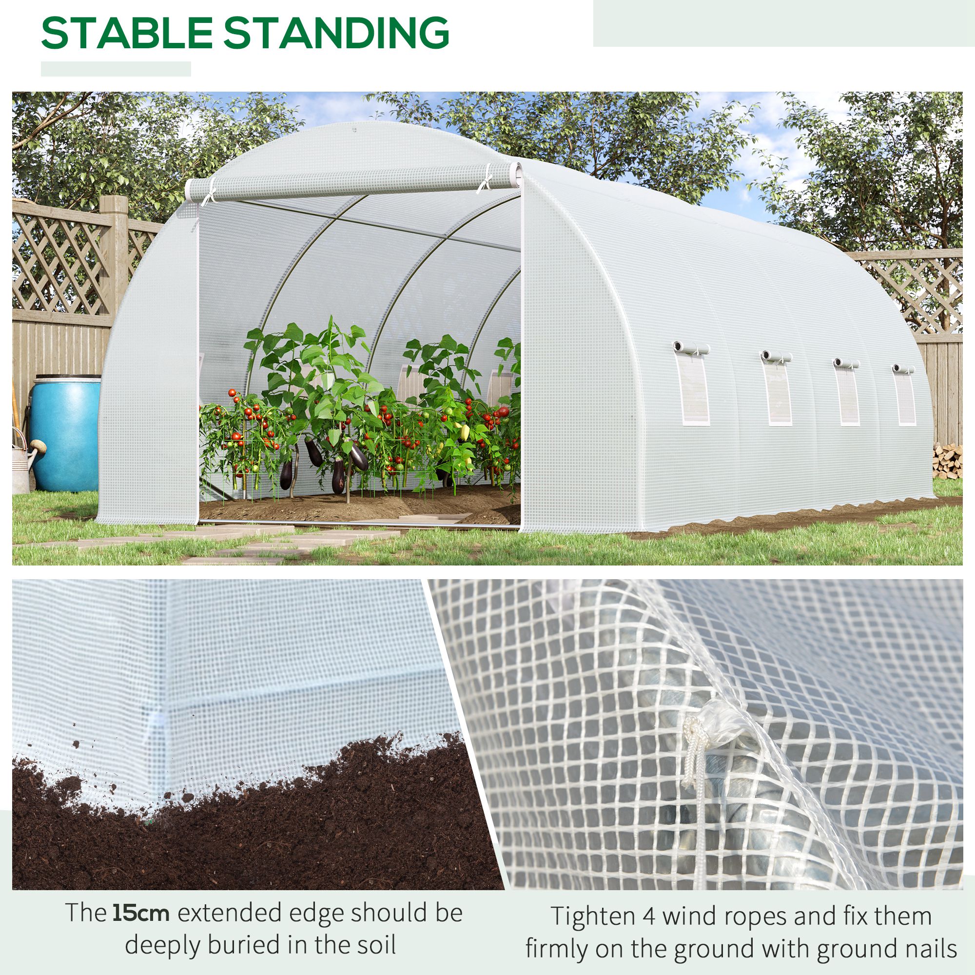 Outsunny 6 x 3 x 2 m Polytunnel Greenhouse, Walk in Polytunnel Tent with Metal Frame, Zippered Door and 8 Windows for Garden and Backyard, White 5