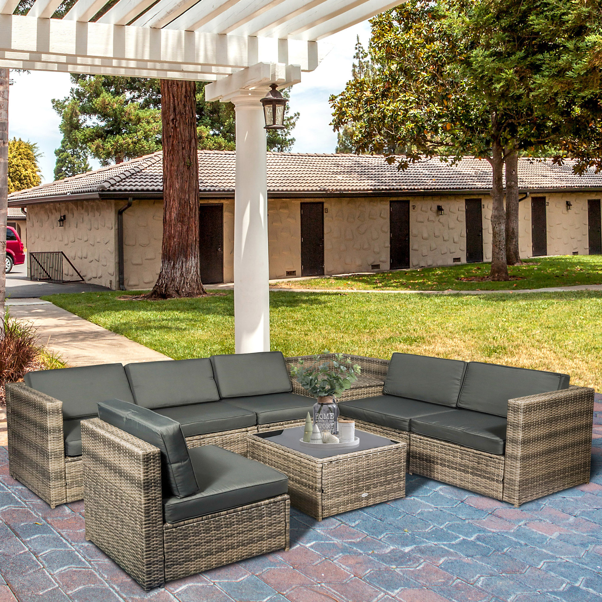 Outsunny 8 Pieces Outdoor PE Rattan Sofa Set with Cushions, Patio Garden Furniture Sets with Glass Top Coffee Table, Storage Corner Table, Mixed Brown 2