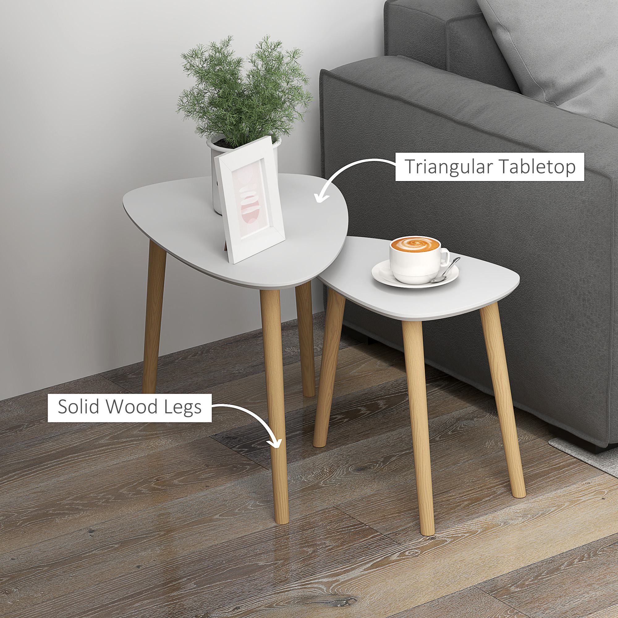 HOMCOM Nesting Coffee Table, Set of 2 Side Tables, Stacking End Tables with Solid Wood Legs, for Living Room Bedroom, Light Grey 5