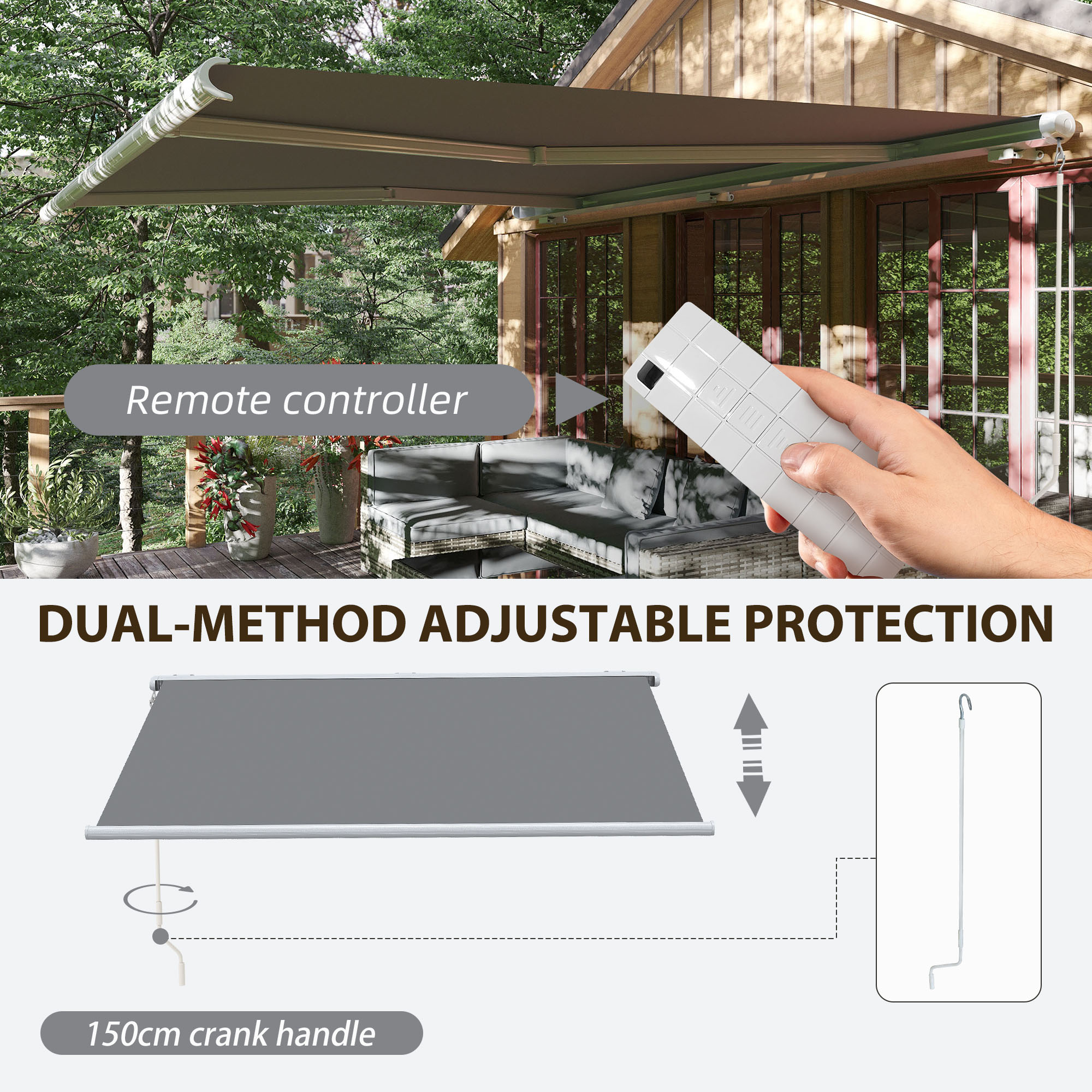 Outsunny 4x3m Full Cassette Electric/Manual Retractable Awning with Remote Controller, Sun Canopies for Patio Door Window with Remote Controller, Grey 4