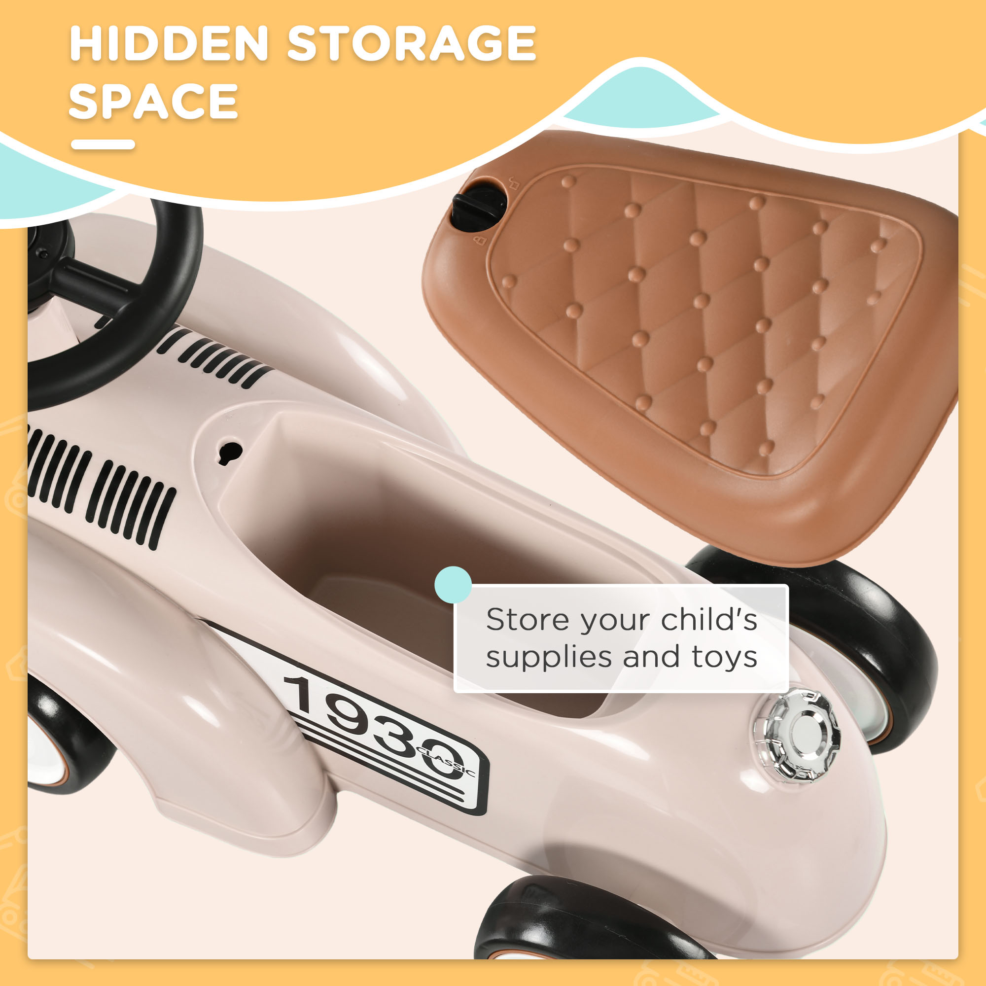AIYAPLAY Foot to Floor Slider for Toddlers with Under-Seat Storage, Ride on Sliding Car with Horn, for Ages 12-36 Months Cream 6