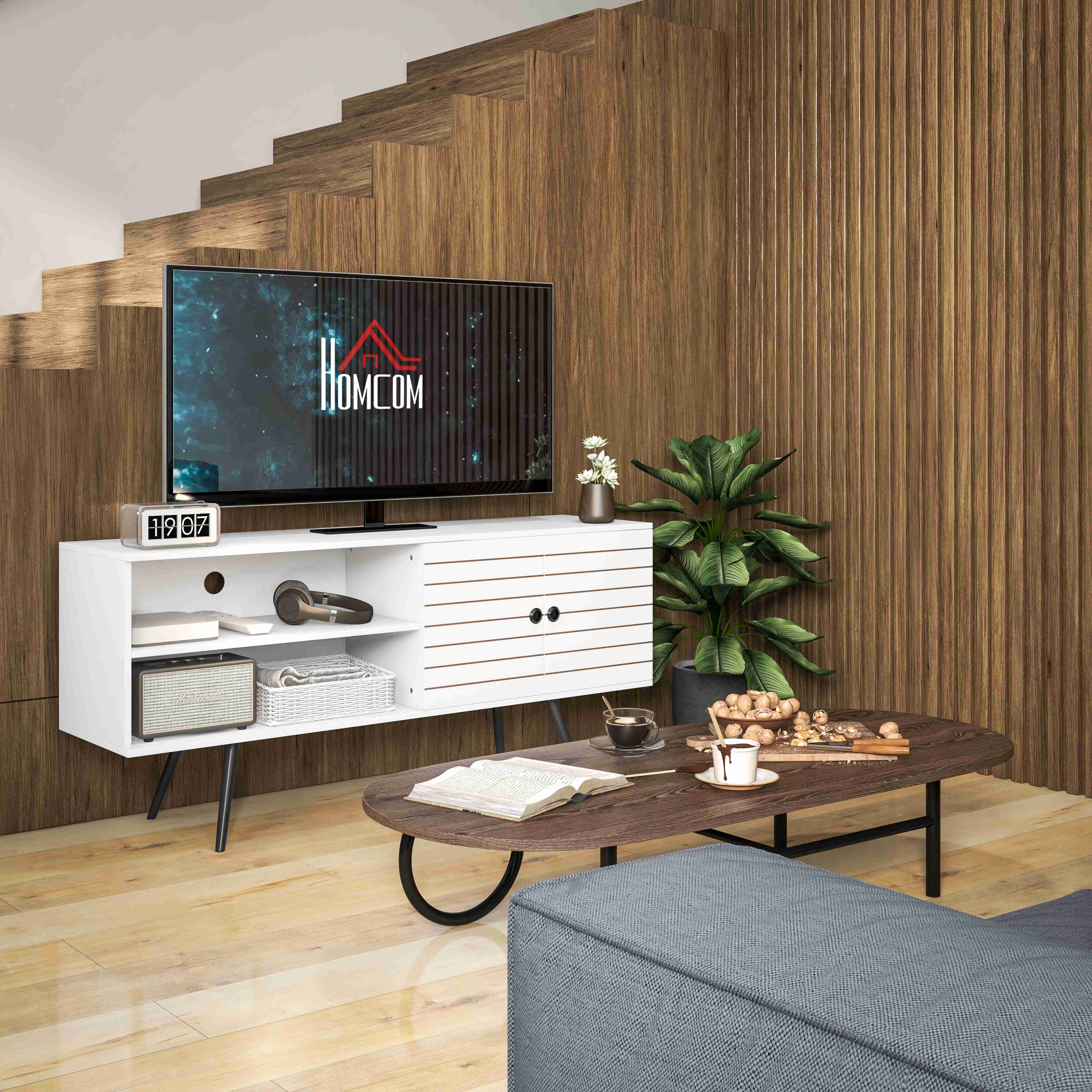 HOMCOM TV Stand with Cupboard, Open Shelves, Striped Doors, Wooden legs, White 9