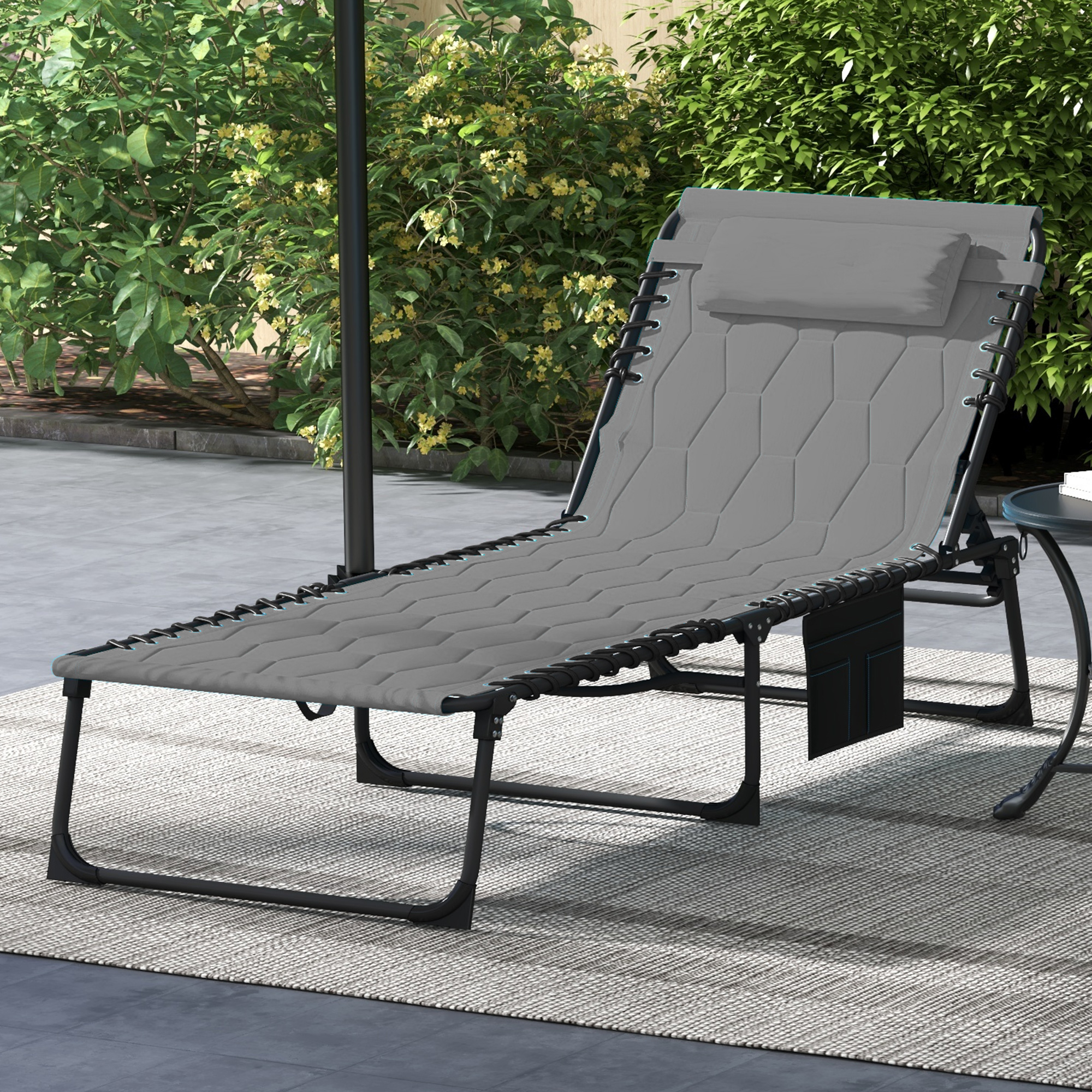 Outsunny Foldable Sun Lounger with 5-level Reclining Back, Outdoor Tanning Chair Sun Lounger with Build-in Padded Seat, Side Pocket, Headrest for Beach, Yard, Patio, Grey 2