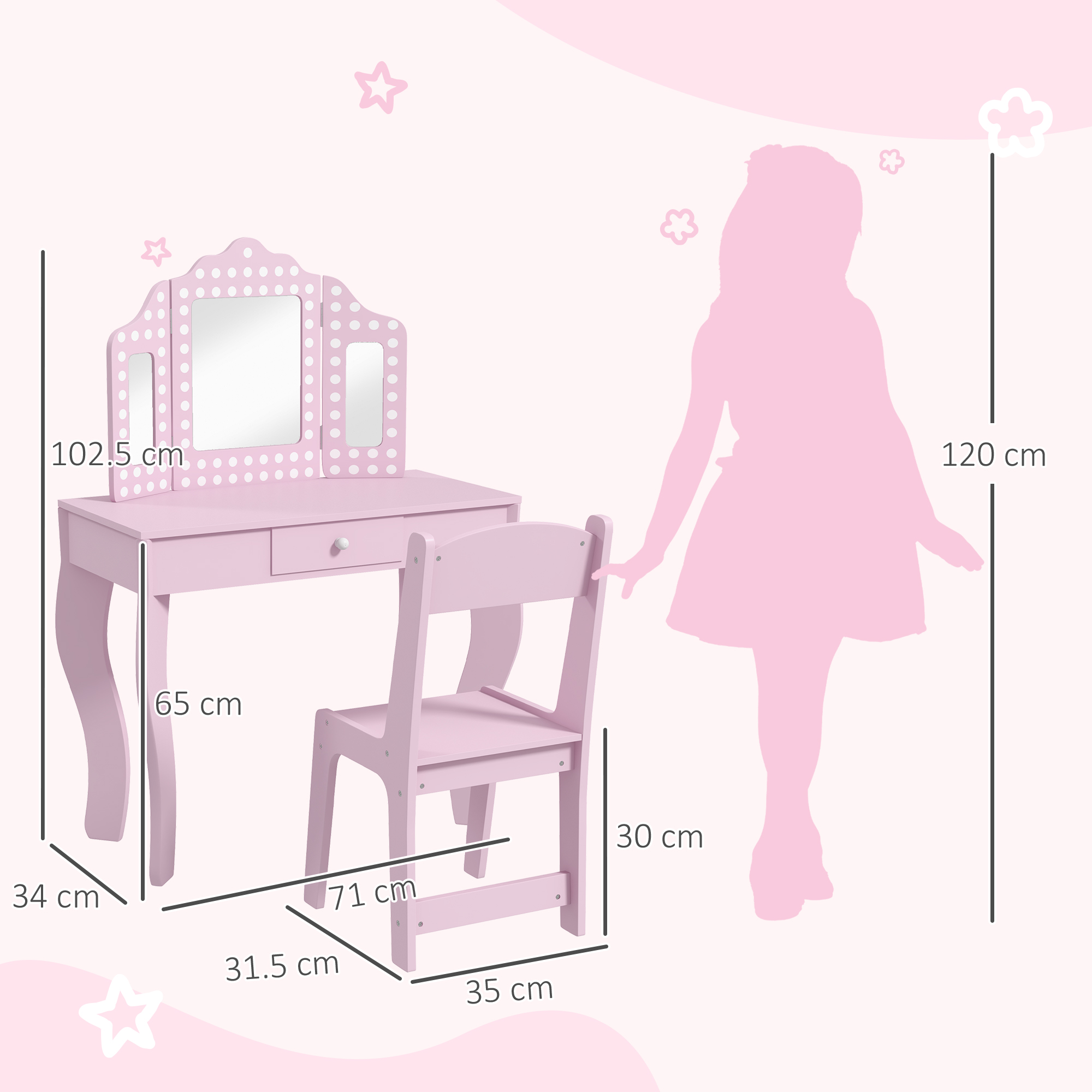 AIYAPLAY Kids Dressing Table Sets with Stool and Tri-Fold Mirror, Drawer for Playroom, Bedroom Pink 3