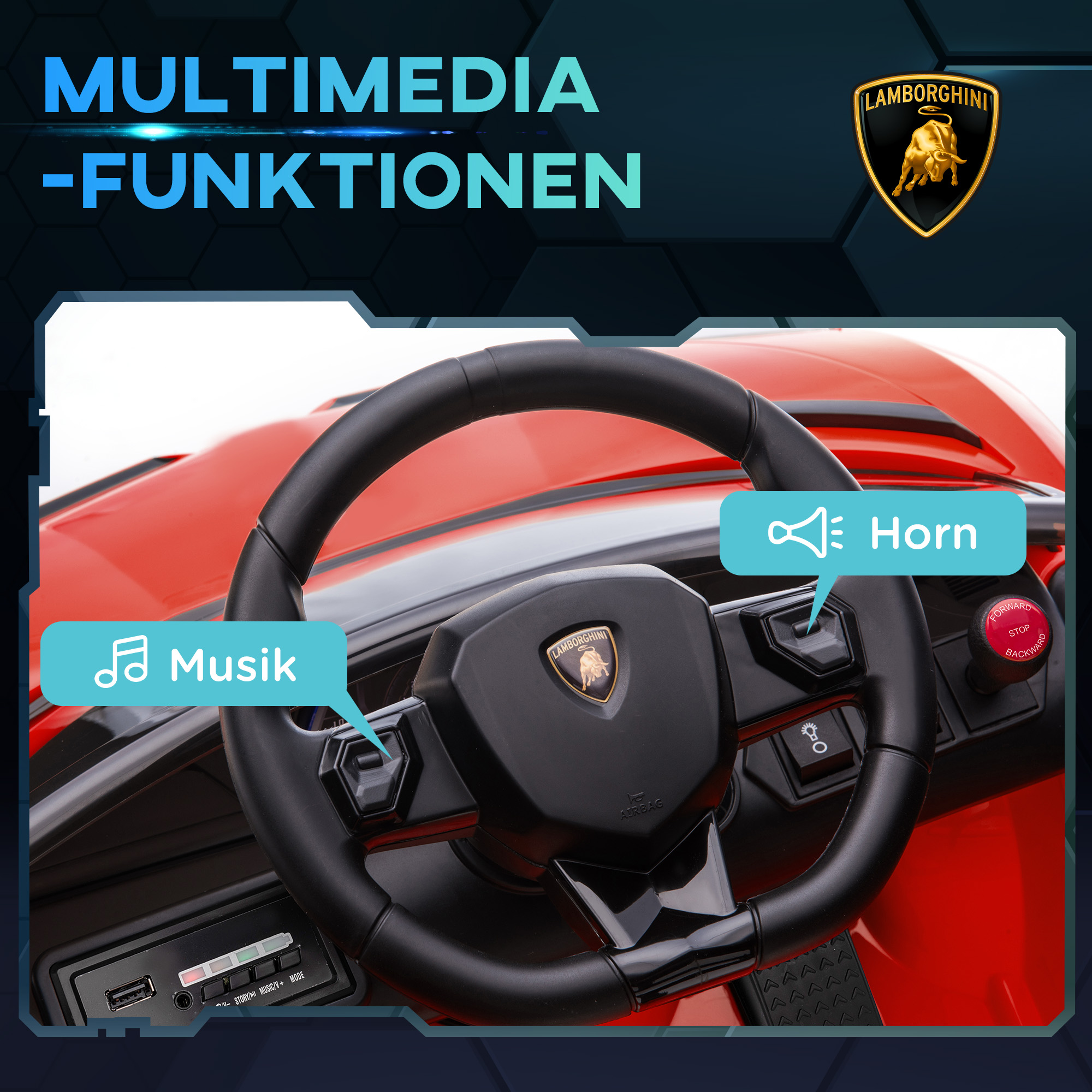 Elektriline lasteauto, litsentseeritud Lamborghini Aventador, kajakiibadega uksed, muusika, signaal, 3-5 aastaks, punane