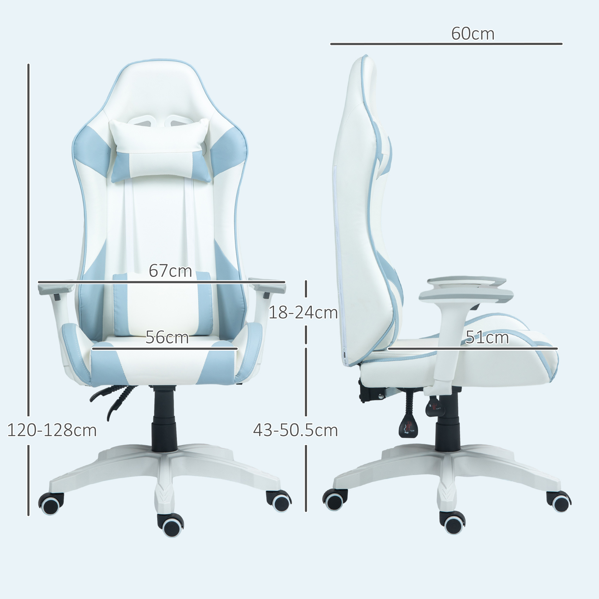 HOMCOM Faux Leather Colour Block Gaming Chair, with 135° Reclining Back Blue/White 3