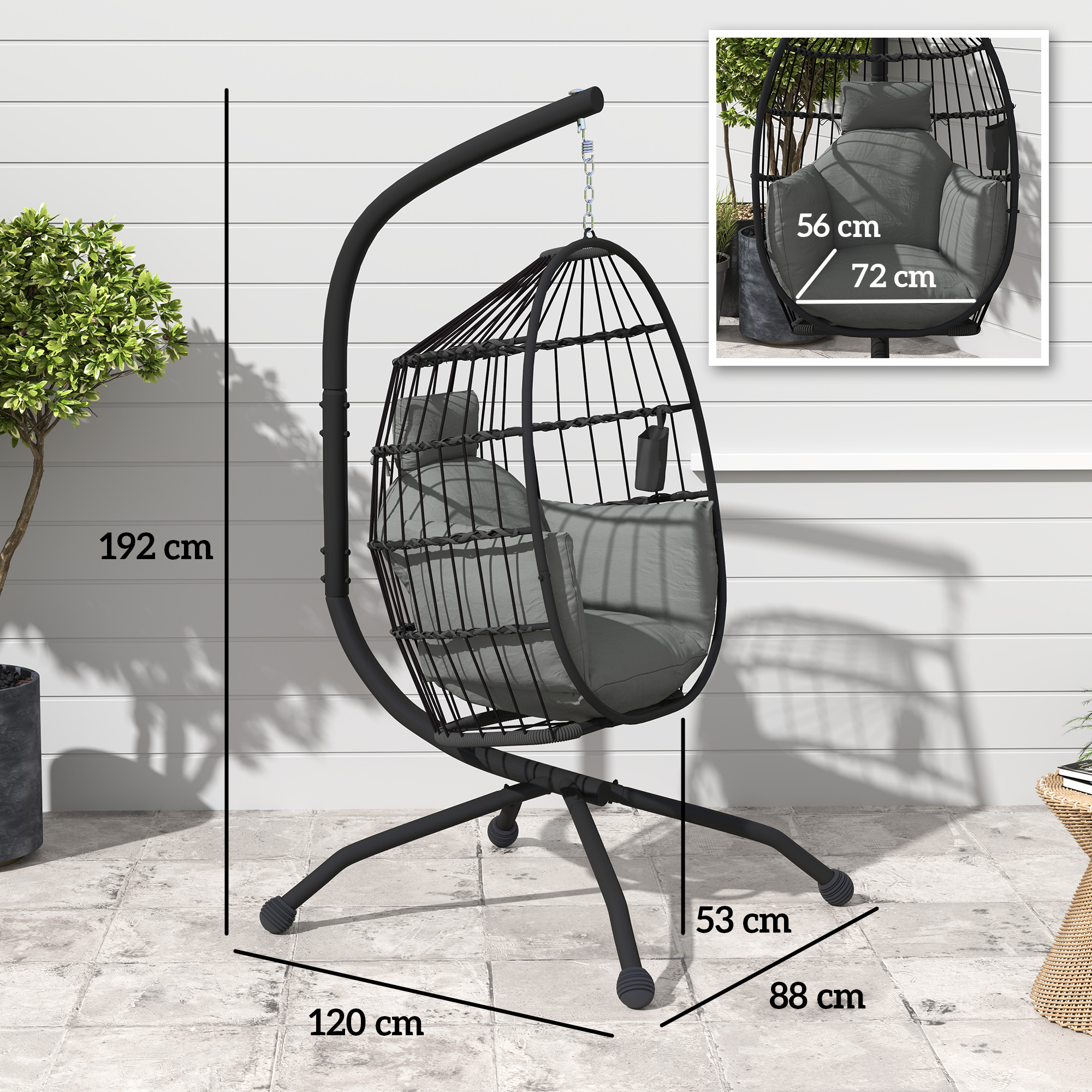 Outsunny Hanging Egg Chair Outdoor Indoor Garden Swing Chair with Folding Basket and Thickened Cushion, Garden Hanging Chair with Stand, Headrest, Cup Holder for Patio, Balcony, Dark Grey 3