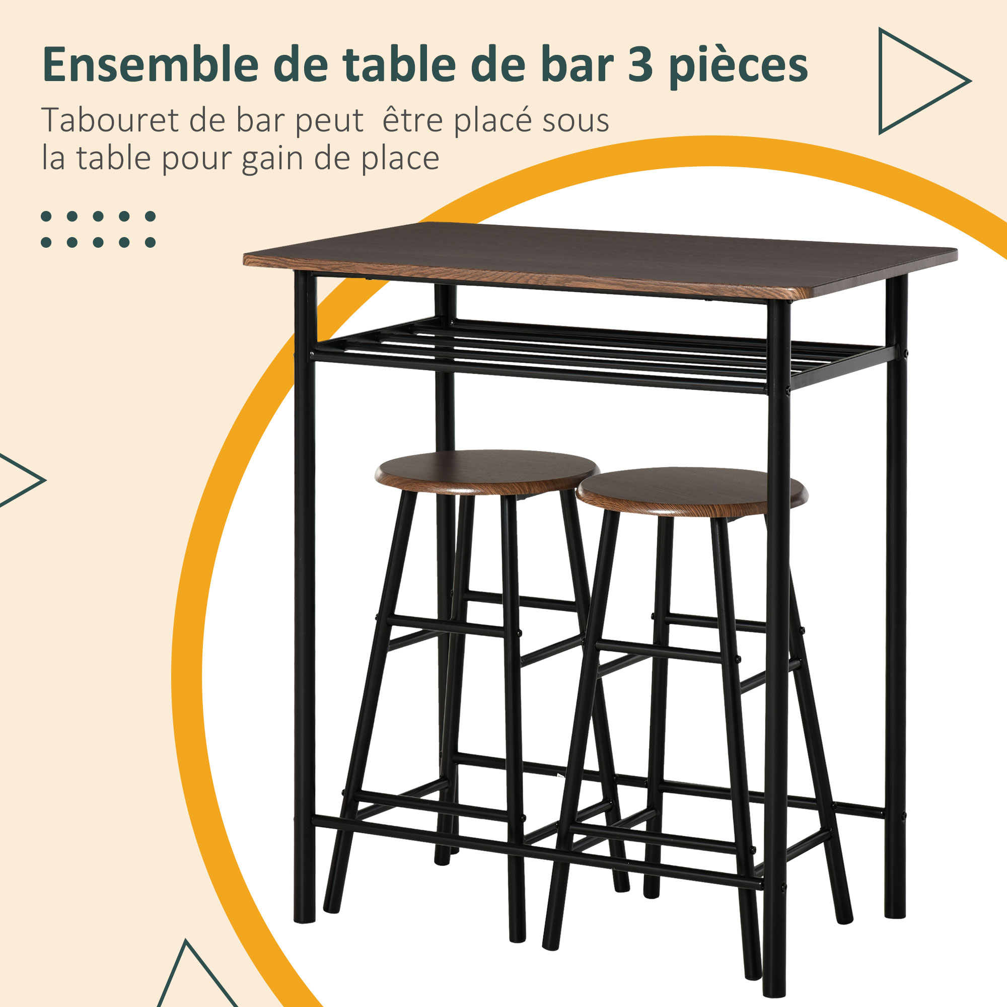 Set Table Bar + 2 Tabourets HOMCOM - Style Industriel - Métal Noir & Effet Bois - Avec étagère