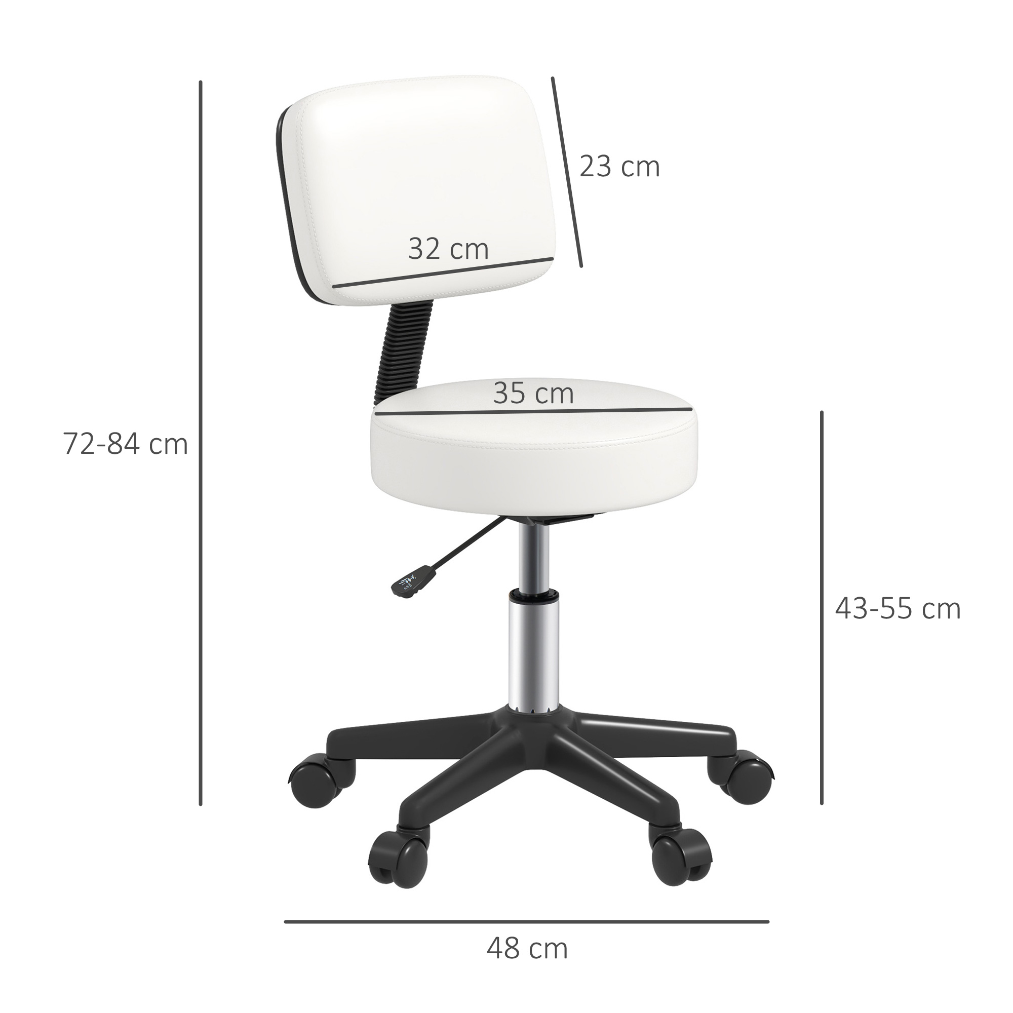 HOMCOM Beautician's Swivel Salon Chair w/ Padded Seat Back 5 Wheels Adjustable Height Salon Hairdressers Tattoo Spa Rolling Cushion Professional 48cm White 3