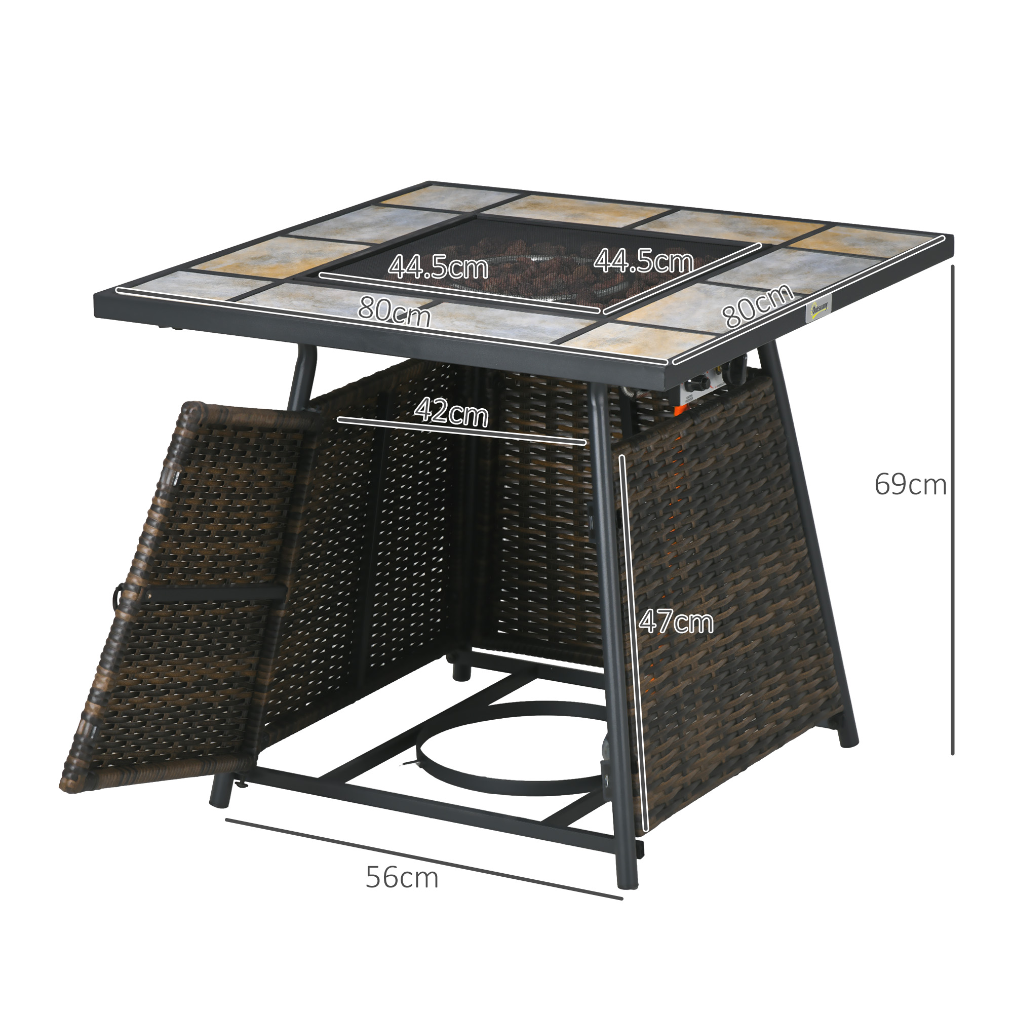 Outsunny Square Outdoor PE Rattan Fire Pit Table Gas Burner Heater w/ Control Panel, Slate Top, Lid and Lava Rocks, 50,000 BTU 3