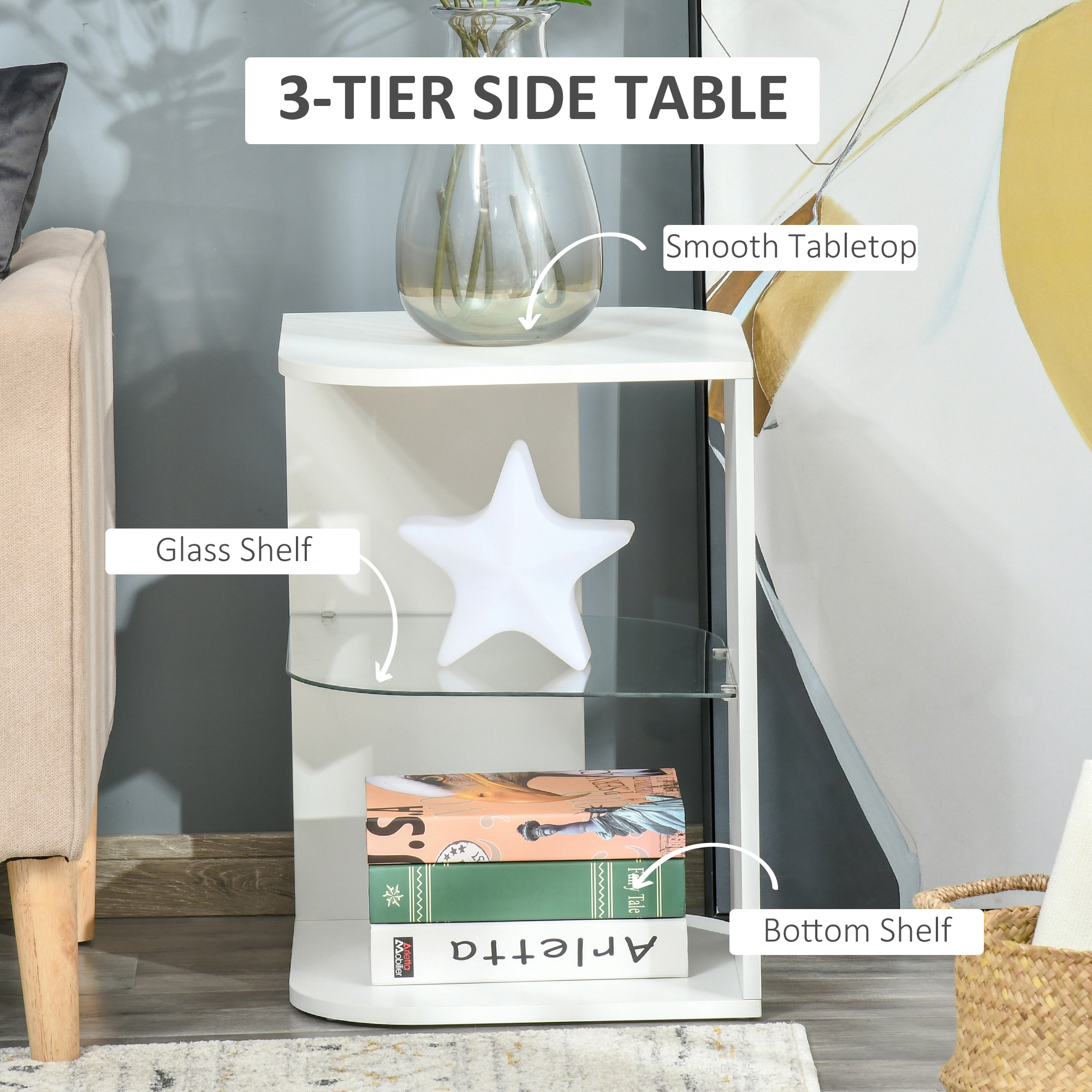 HOMCOM Modern Side Table Three Layer Bedside Table Nightstand with 2 Storage Shelves, for Living room, Bedroom, White 5
