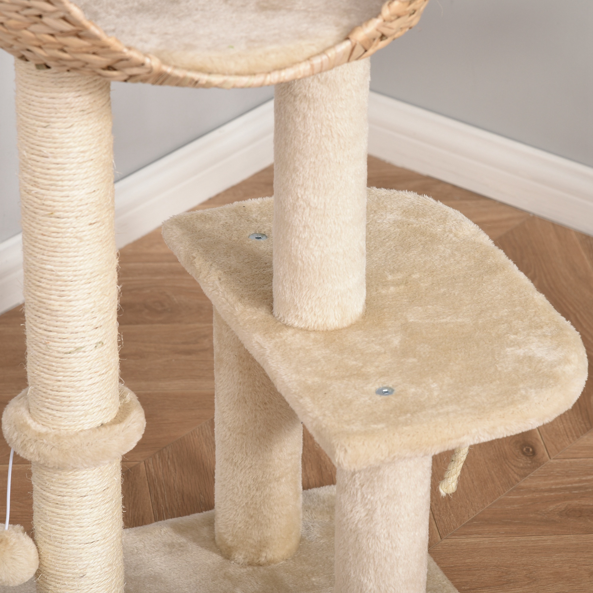 PawHut Cat Tree for Indoor Cats 100cm Kitten Climbing Tower Activity Center with Sisal Scratching Post Condo Perch Hanging Balls Teasing Rope Toy Cushion 8