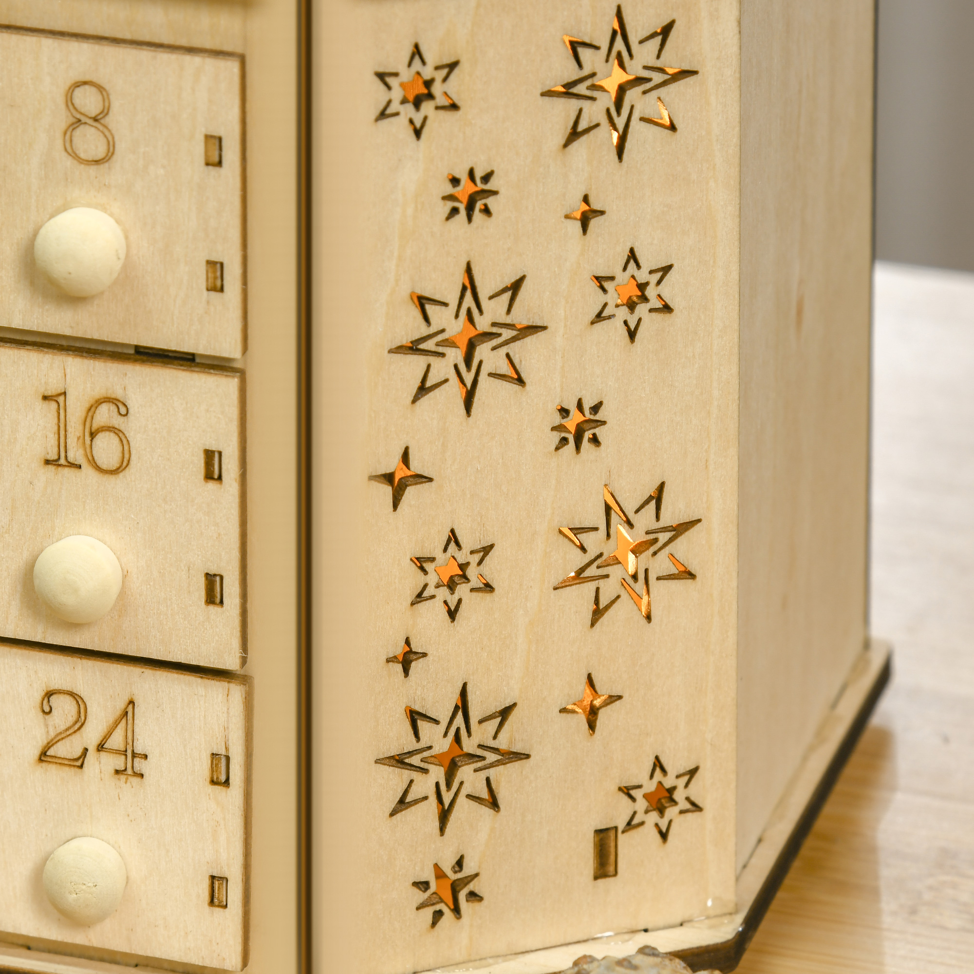 Advendikalender jõulukaunistus, 24 sahtliga, LED-tuled, 39 cm x 9 cm x 42 cm, valge + roheline