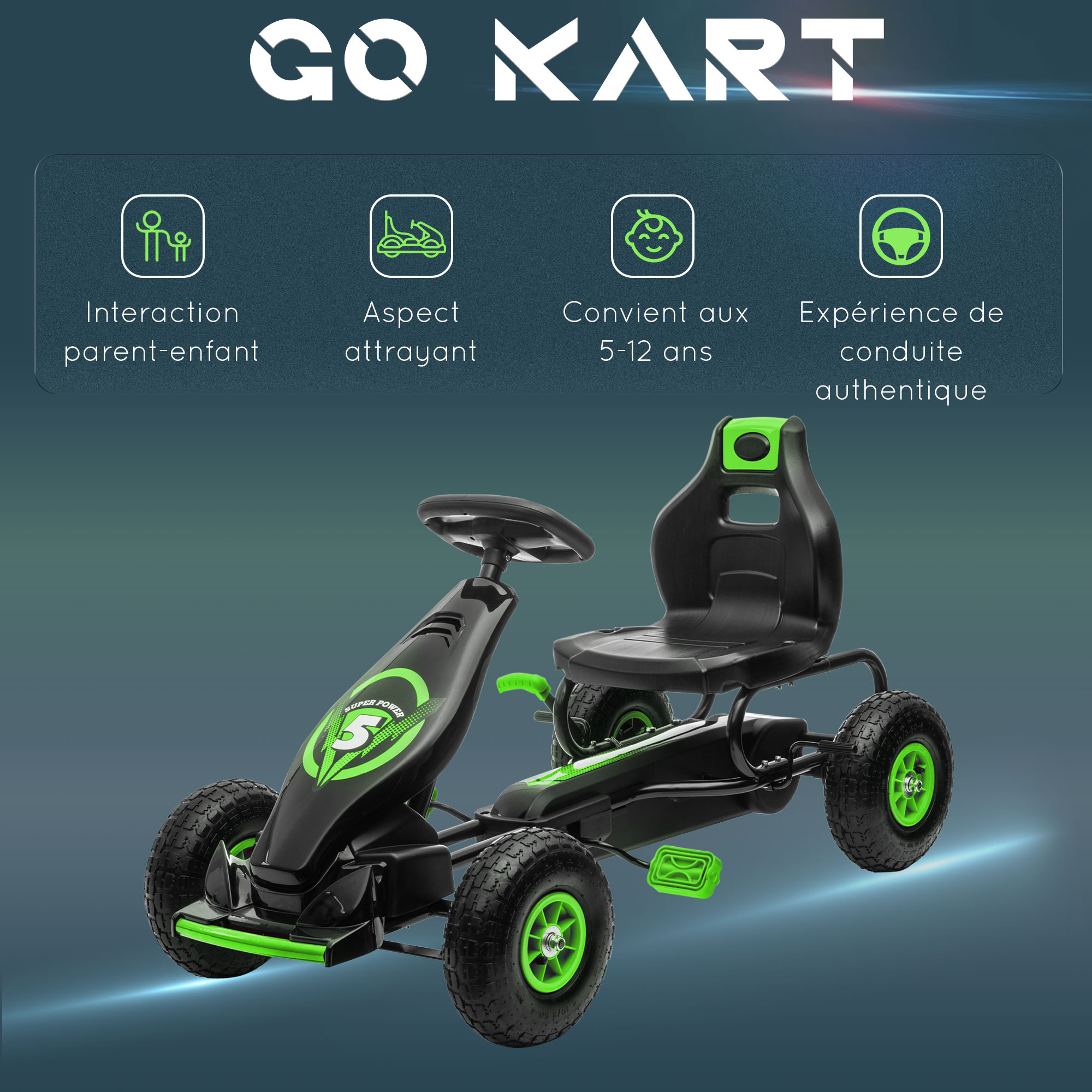 Kart à Pédales Enfant HOMCOM - Siège Réglable, Frein Manuel | Roues EVA - Vert/Noir - 3-6 Ans
