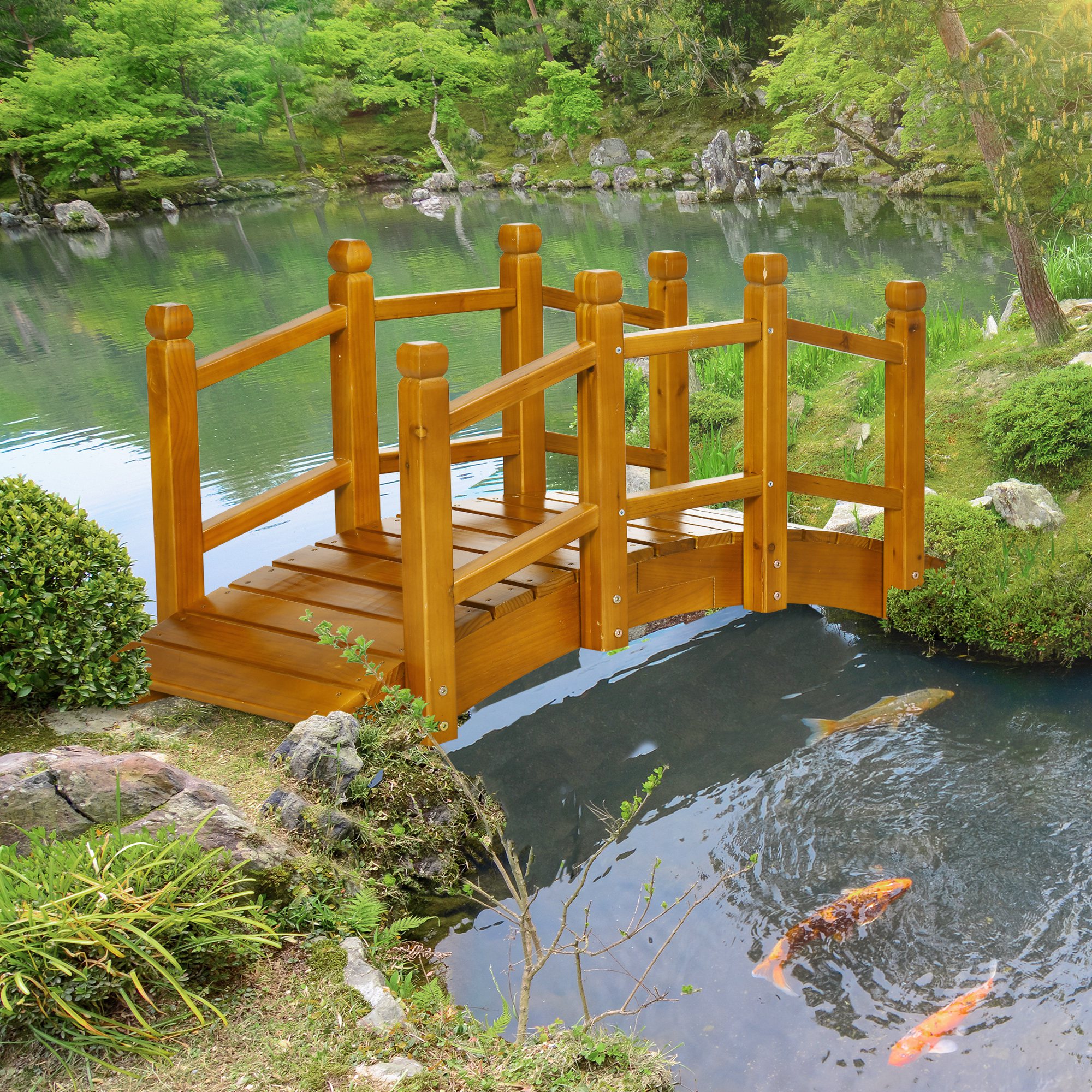 Outsunny Wooden Garden Bridge with Safety Railings, Arc Footbridge for Pond Backyard Stream, Brown 2
