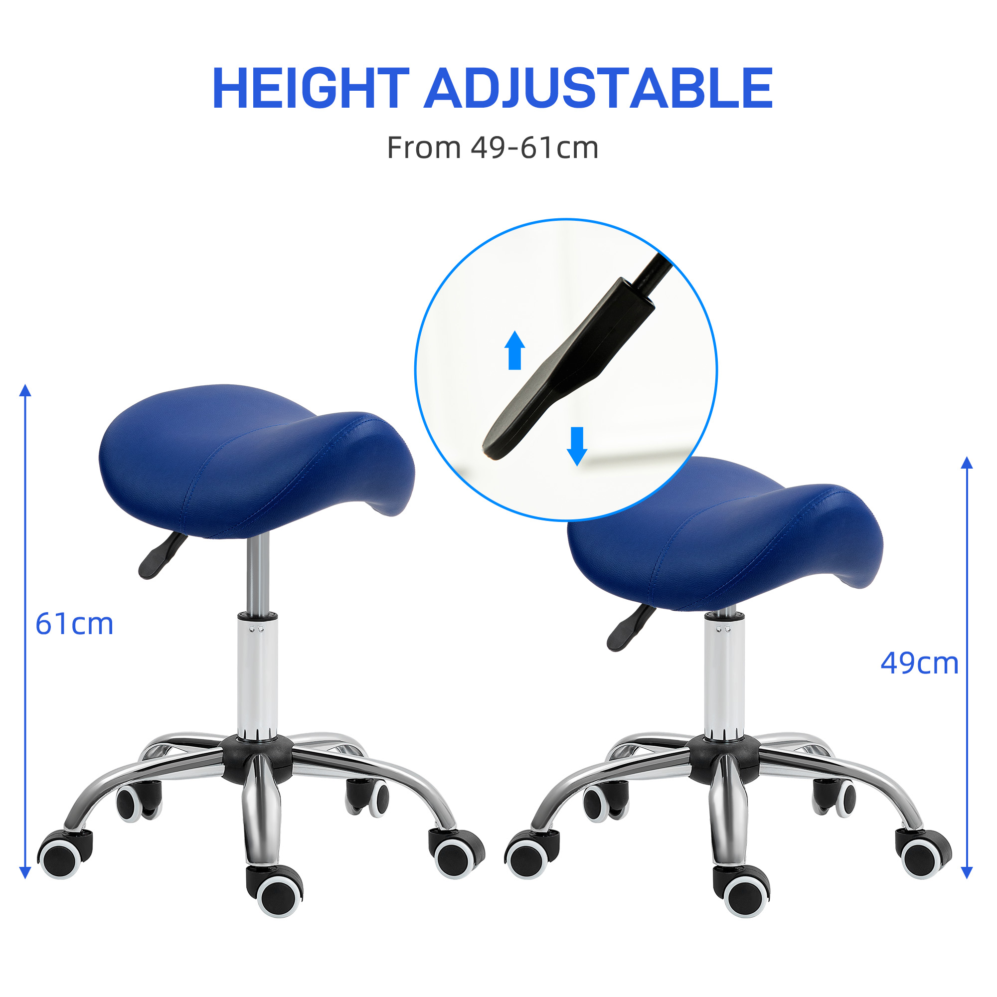HOMCOM Saddle Stool, Height Adjustable Salon Chair for Massage Spa, Faux Leather, Dark Blue 4