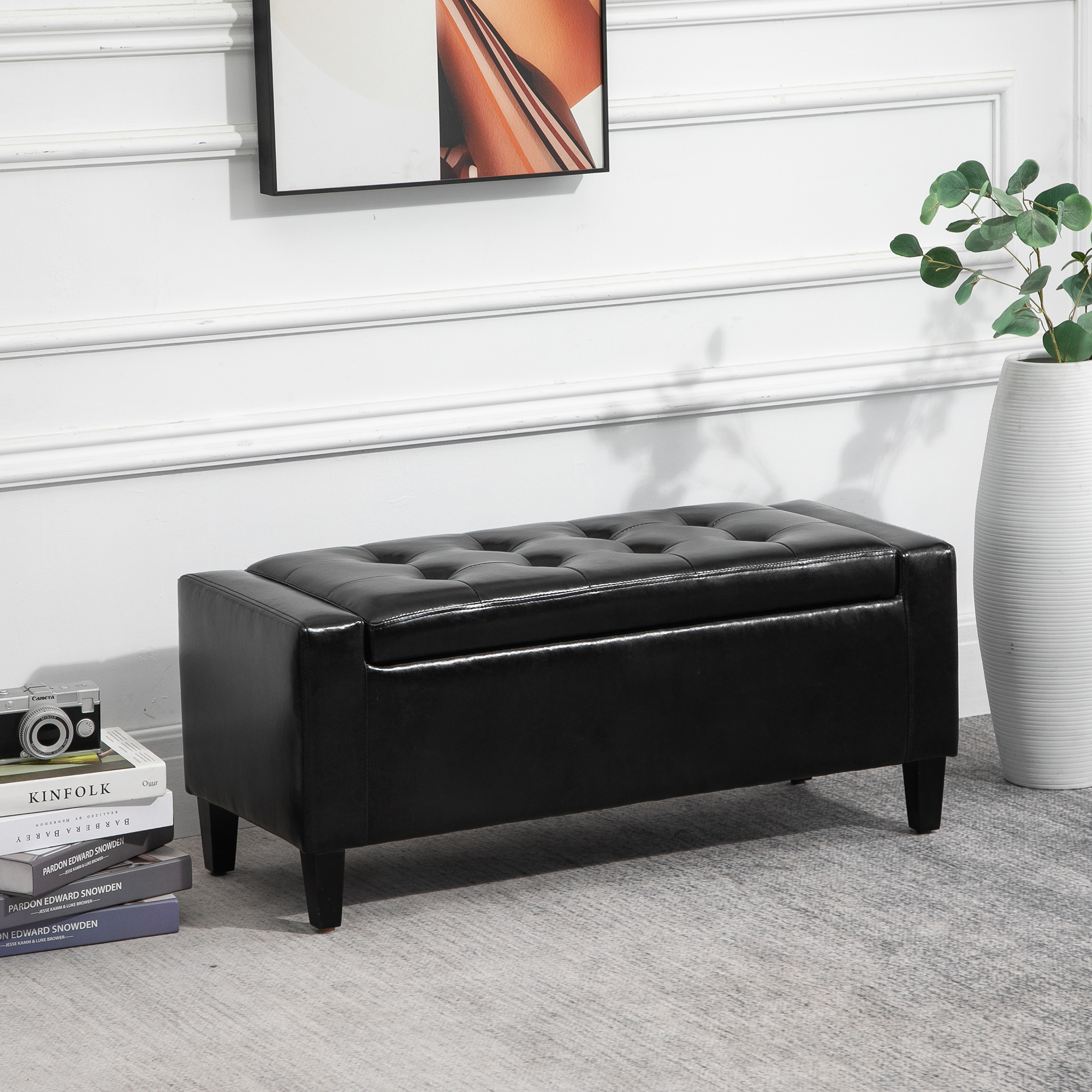 HOMCOM PU Leather Storage Ottoman Bench Storage Chest Tufted Ottoman Cube w/ Flipping Top 92L x 40W x 40H cm Black 6