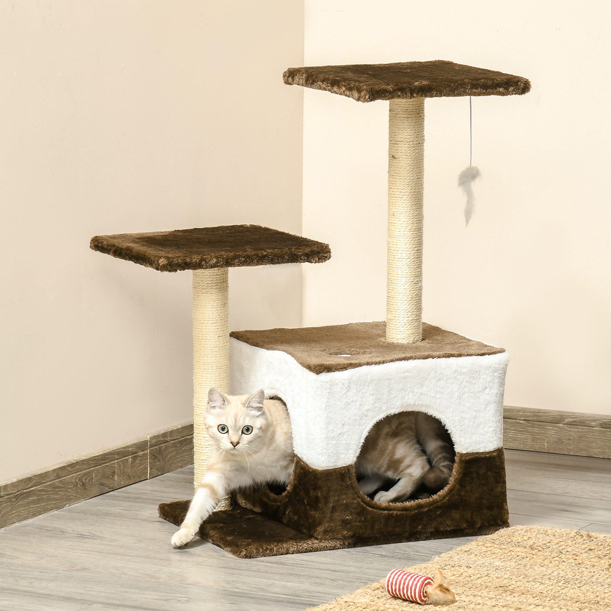 PawHut Cat Tree Tower for Indoor Cats Kitten House Scratching Posts with Condo Perch Interactive Mouse Toy, 45 x 33 x 70 cm, Brown 2