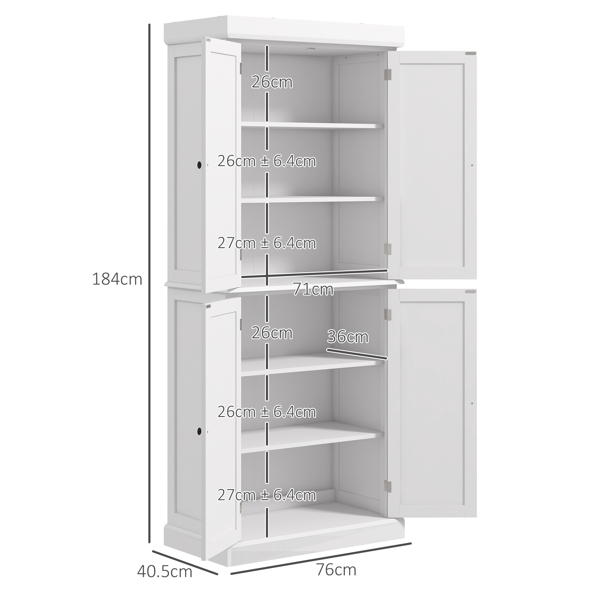 HOMCOM Freestanding Kitchen Cupboard with 4 Doors, Storage Cabinet with 6-Tier Shelving and 4 Adjustable Shelves, White 3