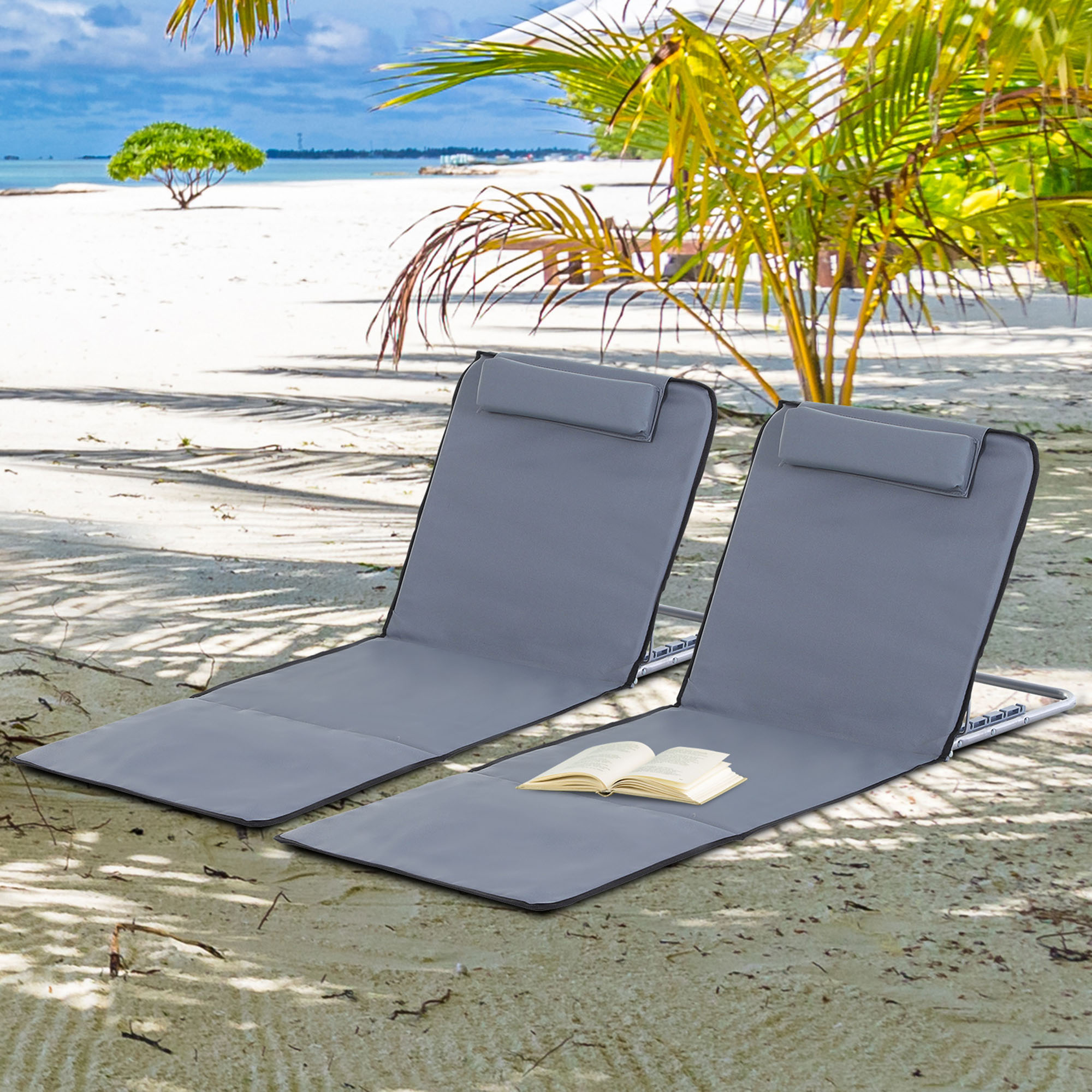 Outsunny Set of 2 Foldable Garden Beach Chair Mat Lightweight Outdoor Sun Lounger Seats Adjustable Back Metal Frame PE Fabric Head Pillow w/ Carry Bag,Grey 2