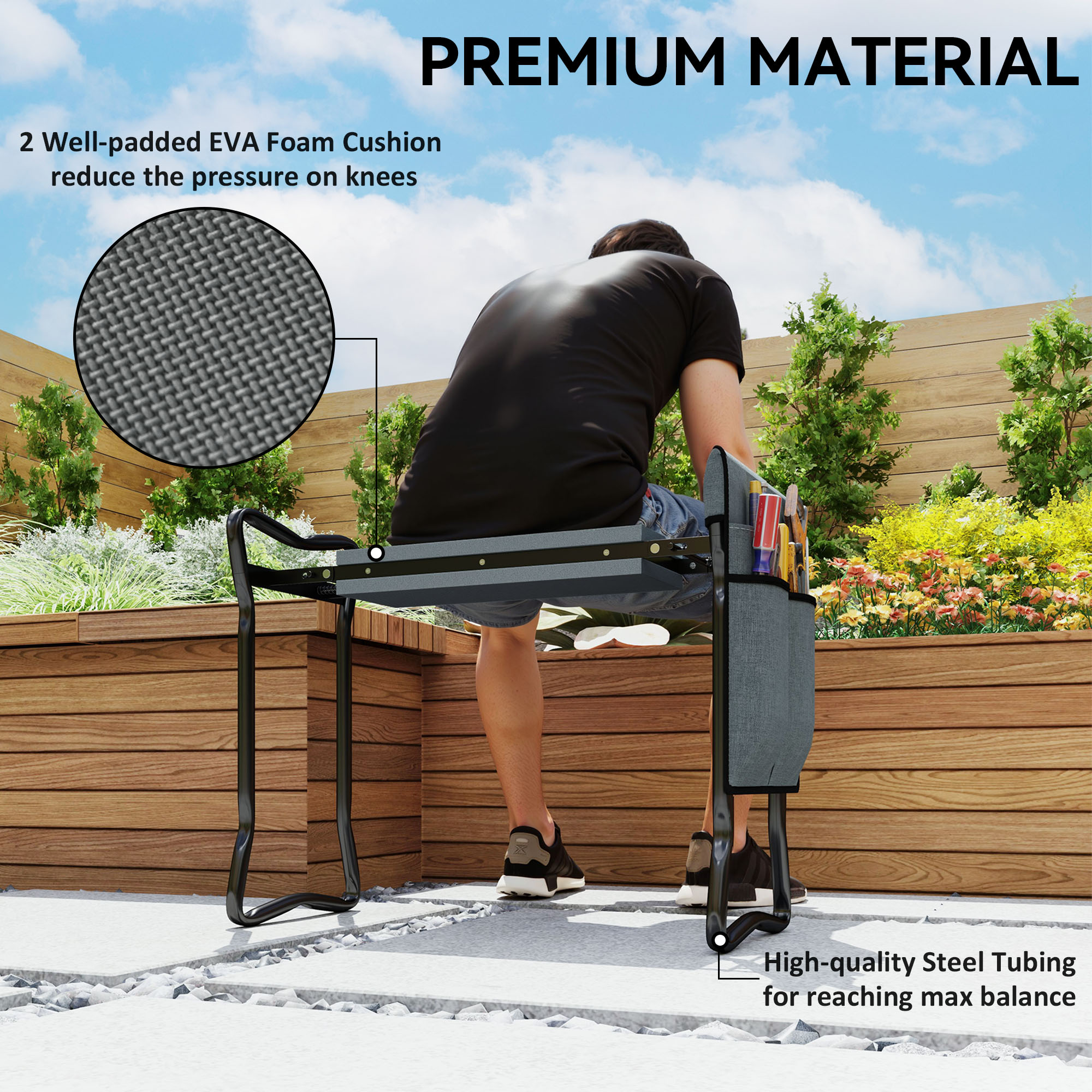 Outsunny Steel Frame Padded Garden Kneeler, with Tool Bag Grey 7