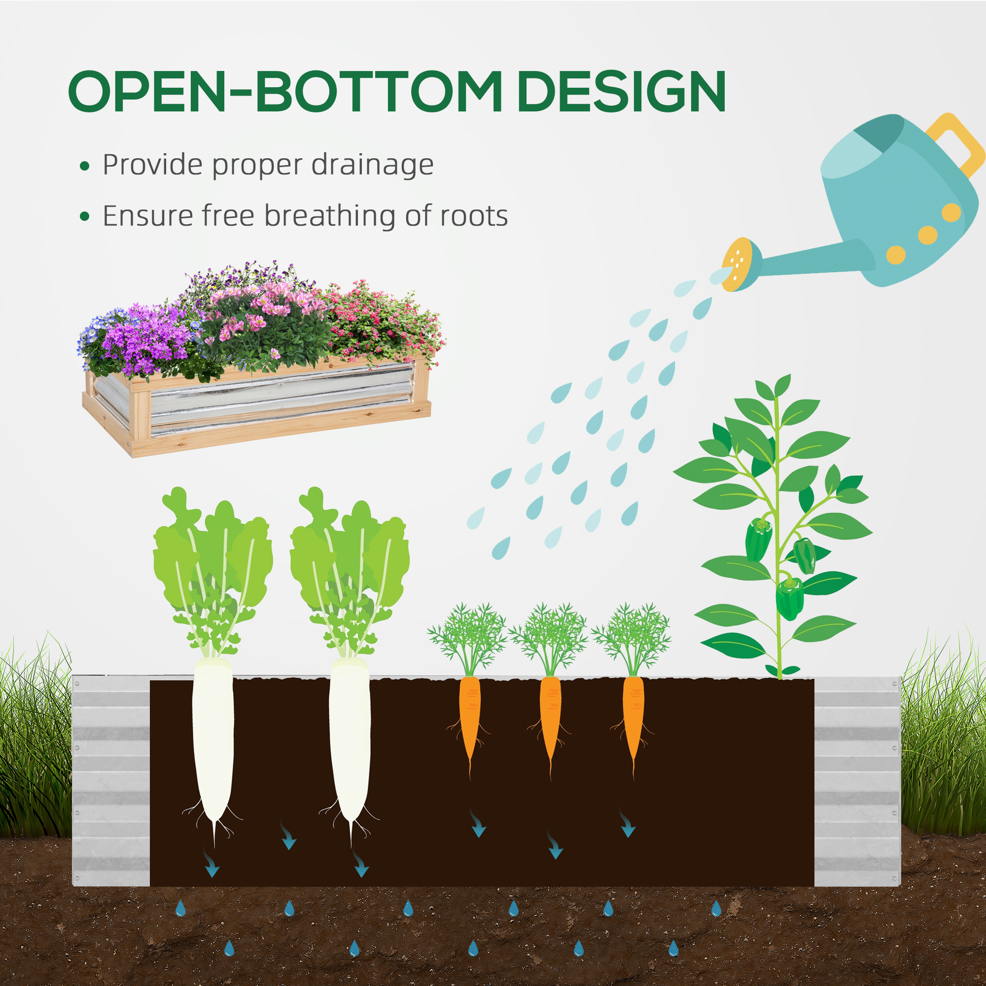 Outsunny Raised Garden Bed with Greenhouse Top, Garden Wooden Cold Frame Greenhouse Flower Planter Protection with 2 Independent Roofs, 122x 61 x 82cm, Natural 5