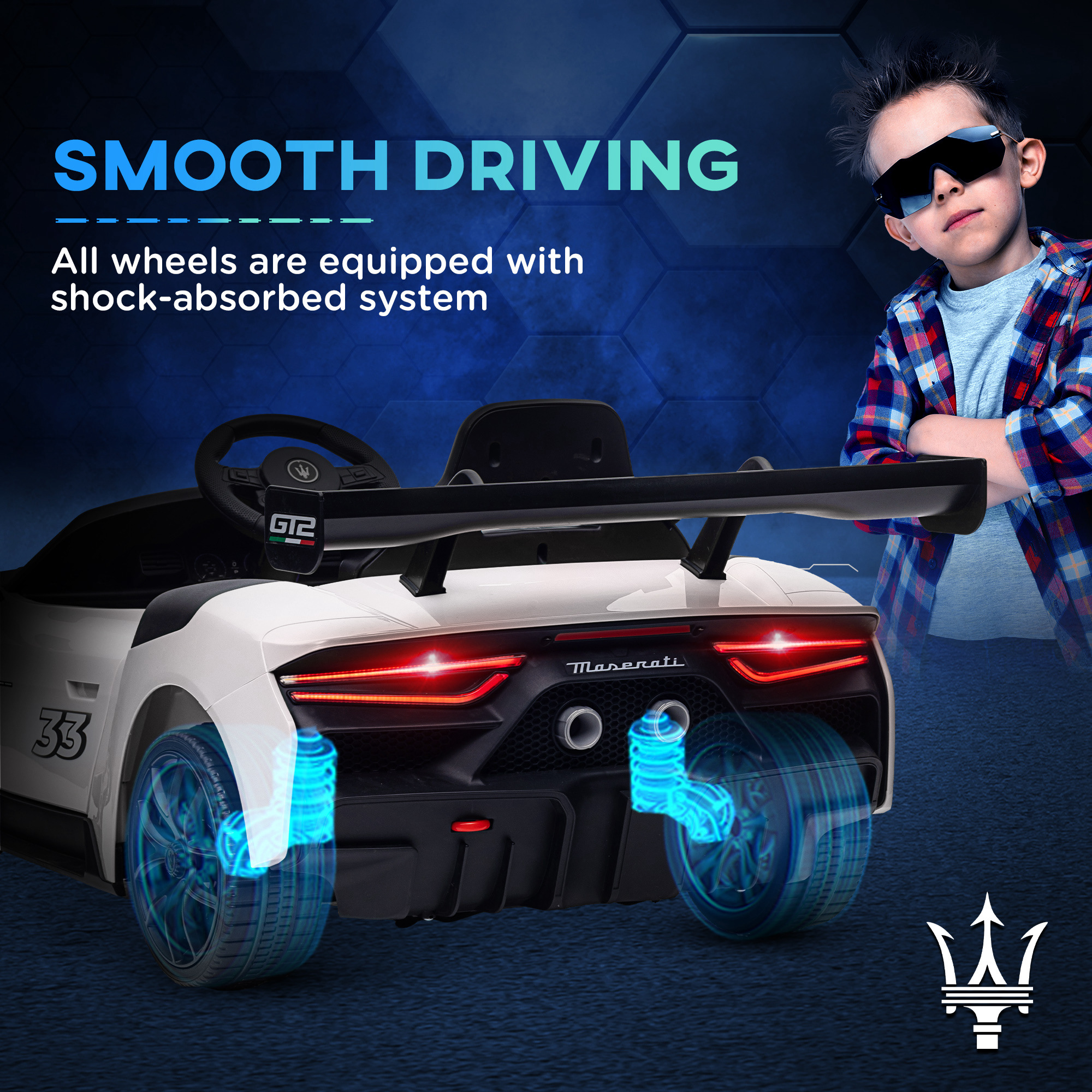 AIYAPLAY Maserati GT2 Licensed 12V Kids Electric Ride on Car with 4 Suspension Wheels, Remote Control, Music, Horn, Lights, White 6