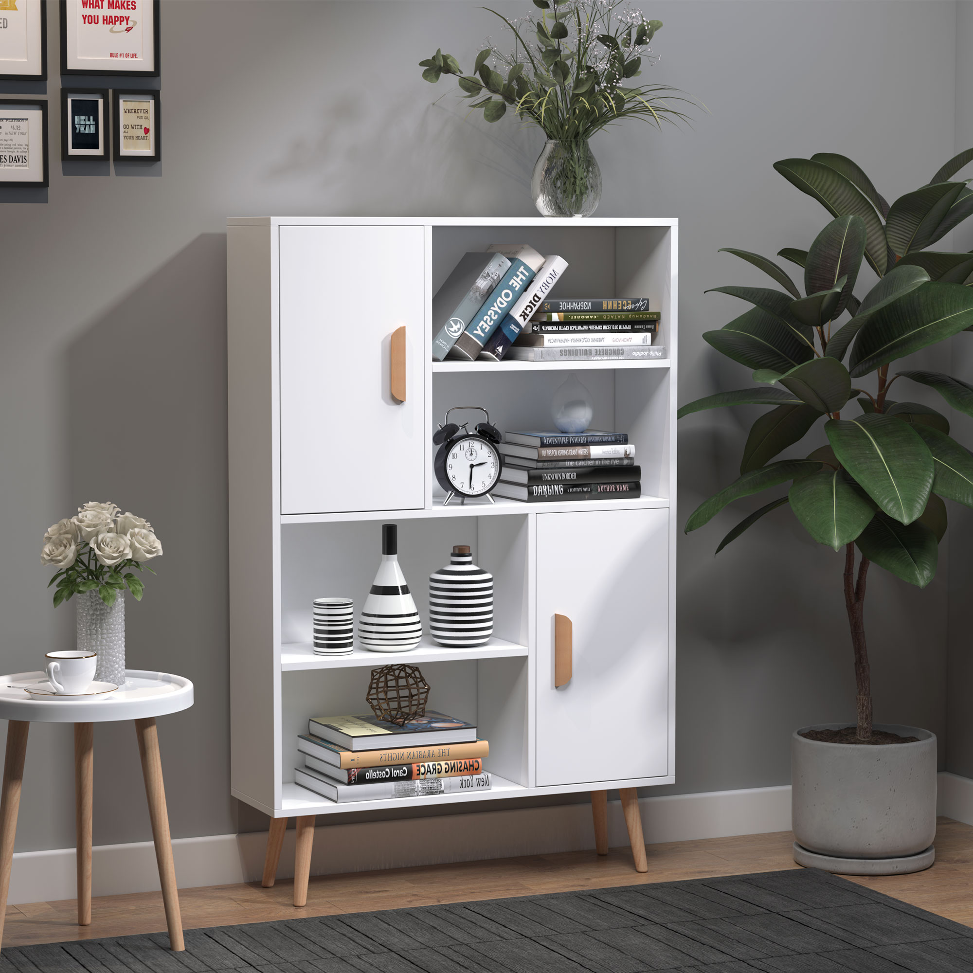 HOMCOM Sideboard Bookshelf Free Standing Bookcase Shelves Unit Display Storage Cabinet w/ Adjustable Shelves, Wooden Leg, Two Doors, White 2