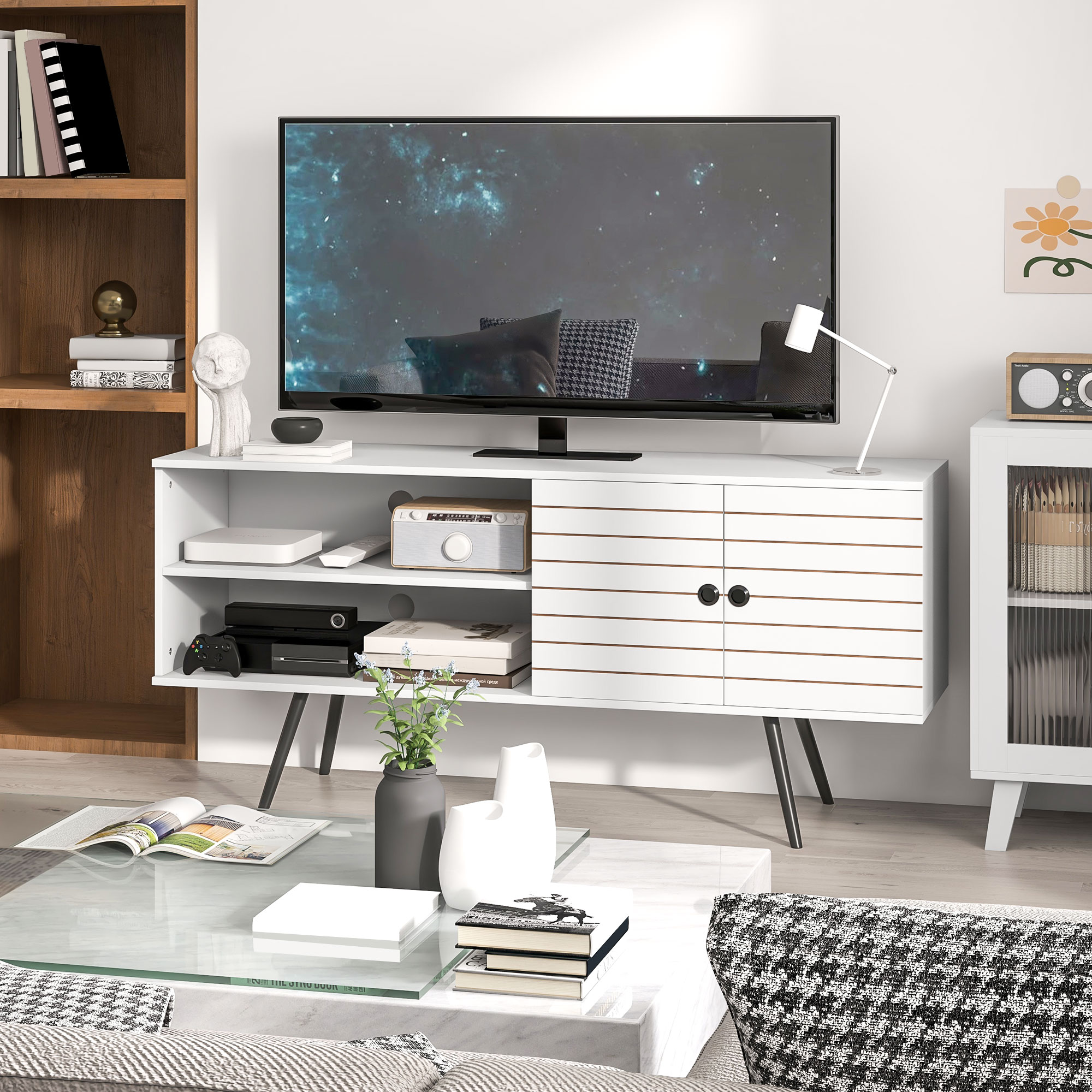 HOMCOM TV Stand with Cupboard, Open Shelves, Striped Doors, Wooden legs, White 8