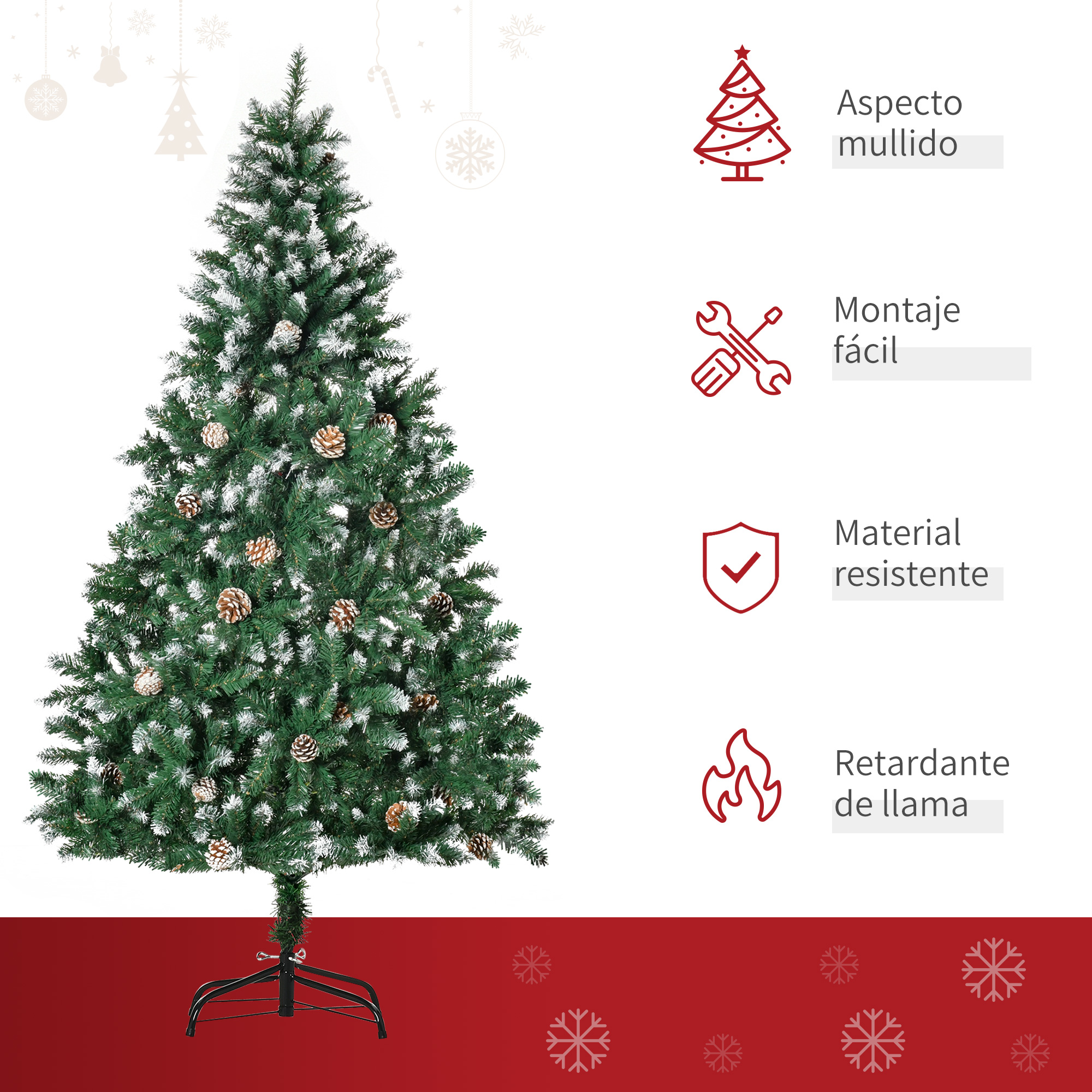 Árbol De Navidad Artificial HOMCOM 180 Cm - 1111 Puntas De PVC, 59 Piñas, Base Metálica Plegable