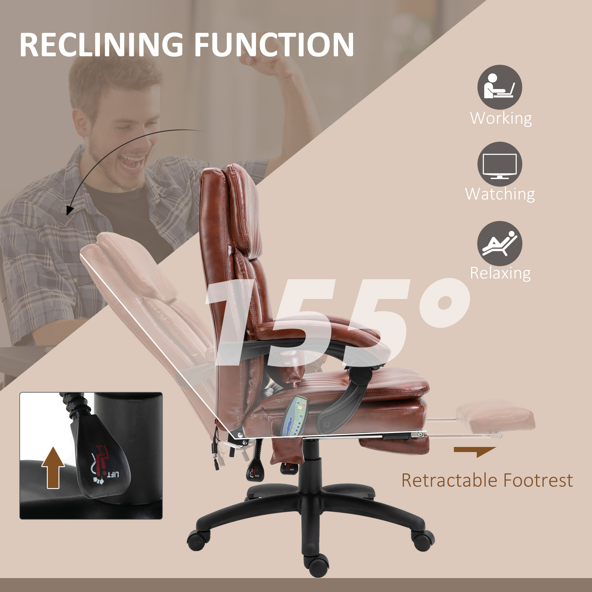 Vinsetto PU Leather Office Chair with 7 Point Vibrating Massage, Computer Desk Chair with Footrest, Adjustable Height, Reclining Back, Brown 6