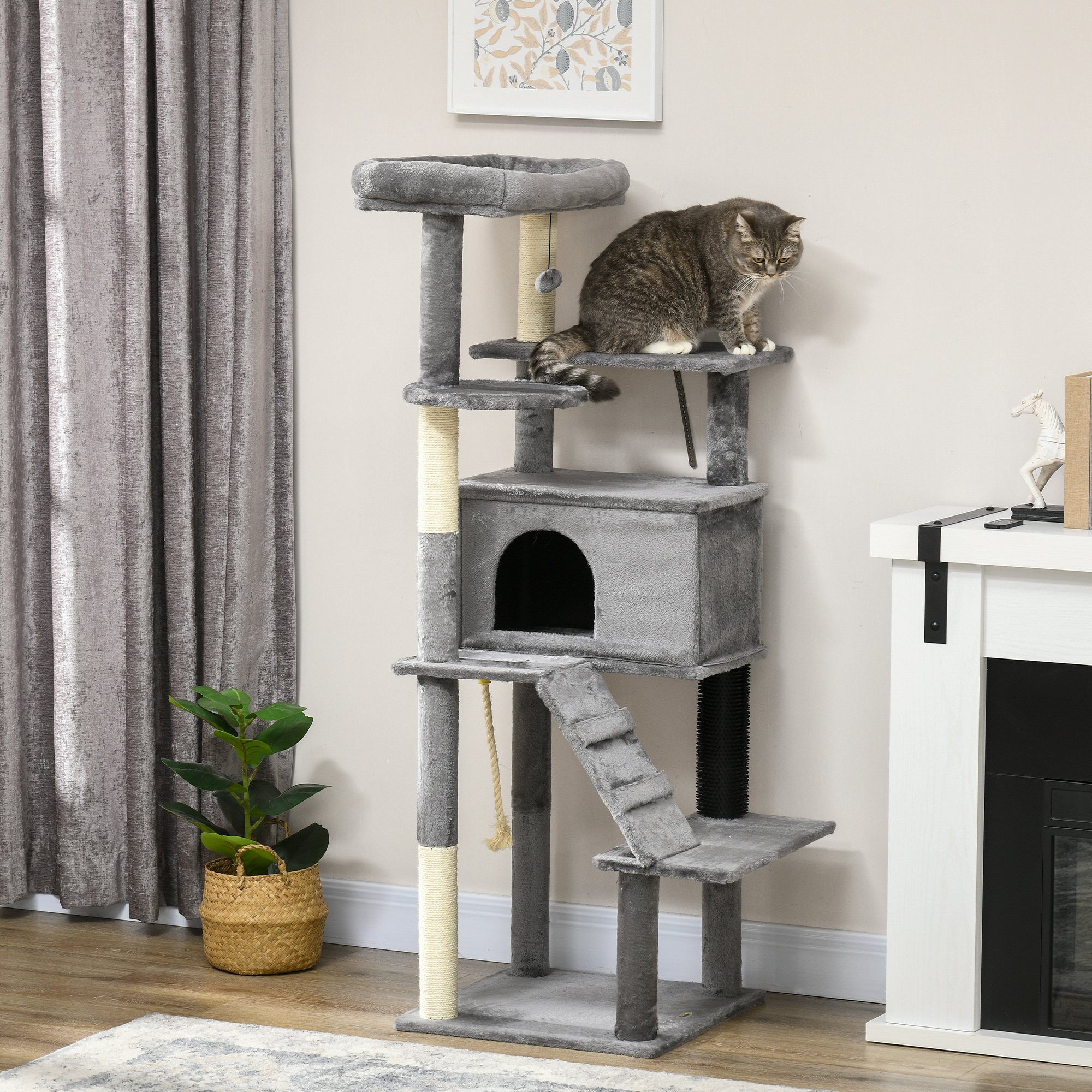 PawHut Cat Tree Tower for Indoor Cats, with Scratching Post, Cat House, Toy, Grey 2
