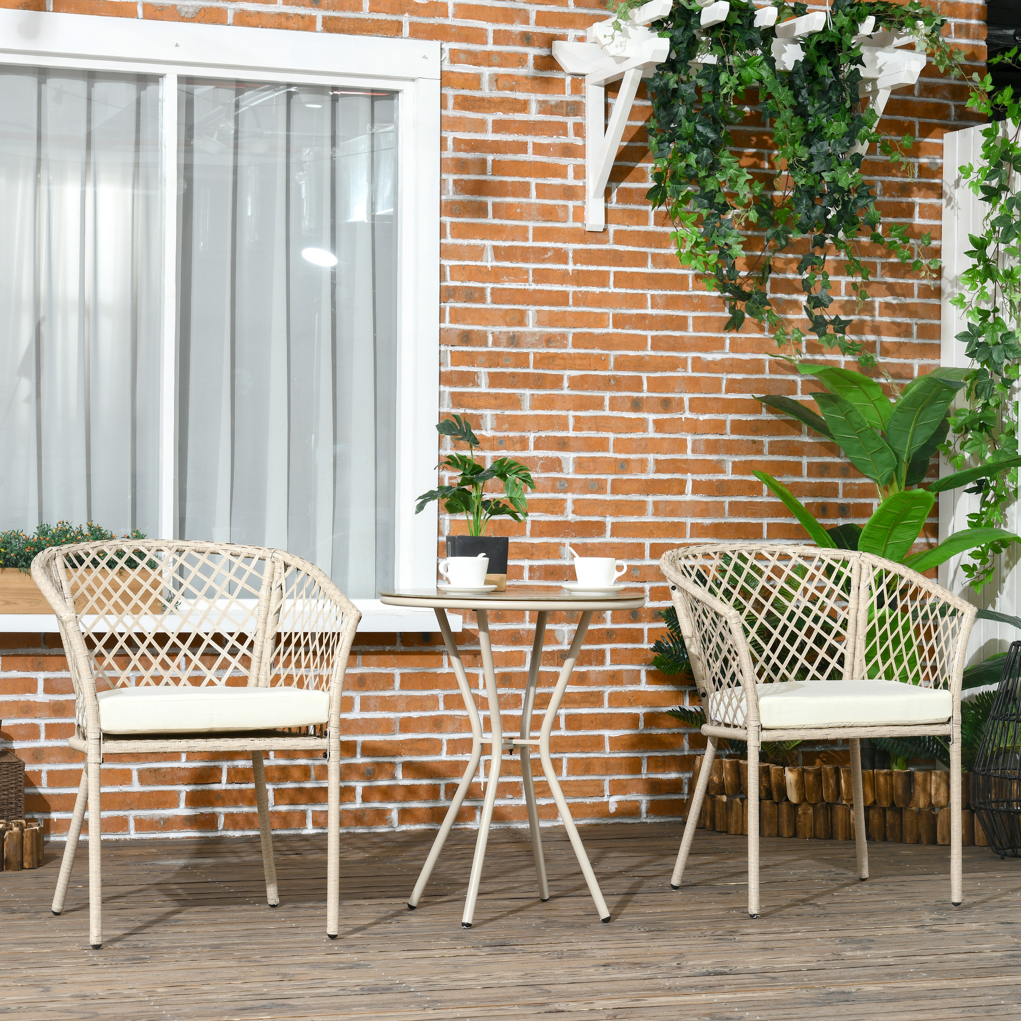Outsunny Ensemble De Meubles De Jardin 3 Pièces, 2 Chaises En Rotin Plastique, 1 Table Avec Plateau En Verre Cadre En~1t4iq64j9jo01