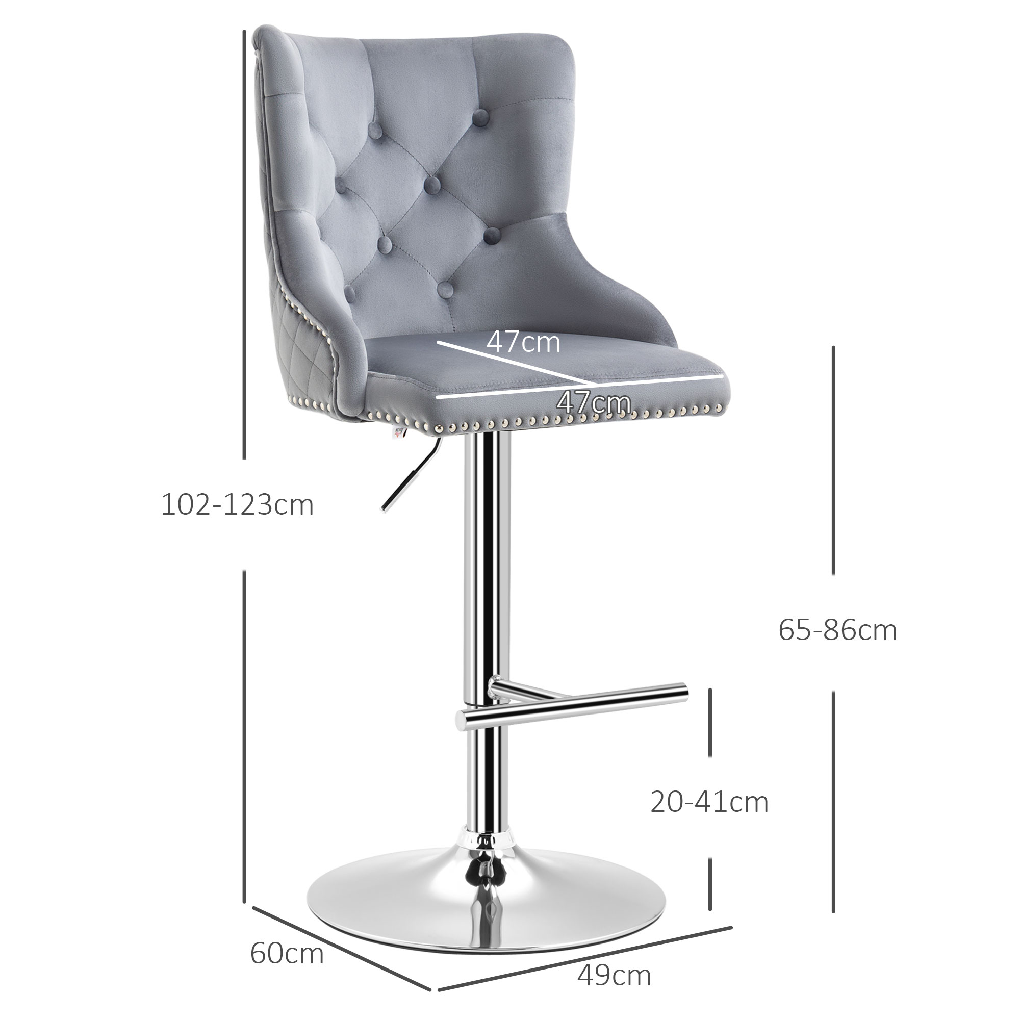 HOMCOM Bar Stools Set of 2, Modern Swivel & Adjustable Velvet Barstools with Button Tufted Back, Footrest, Nailhead Trim for Home Bar, Grey 3